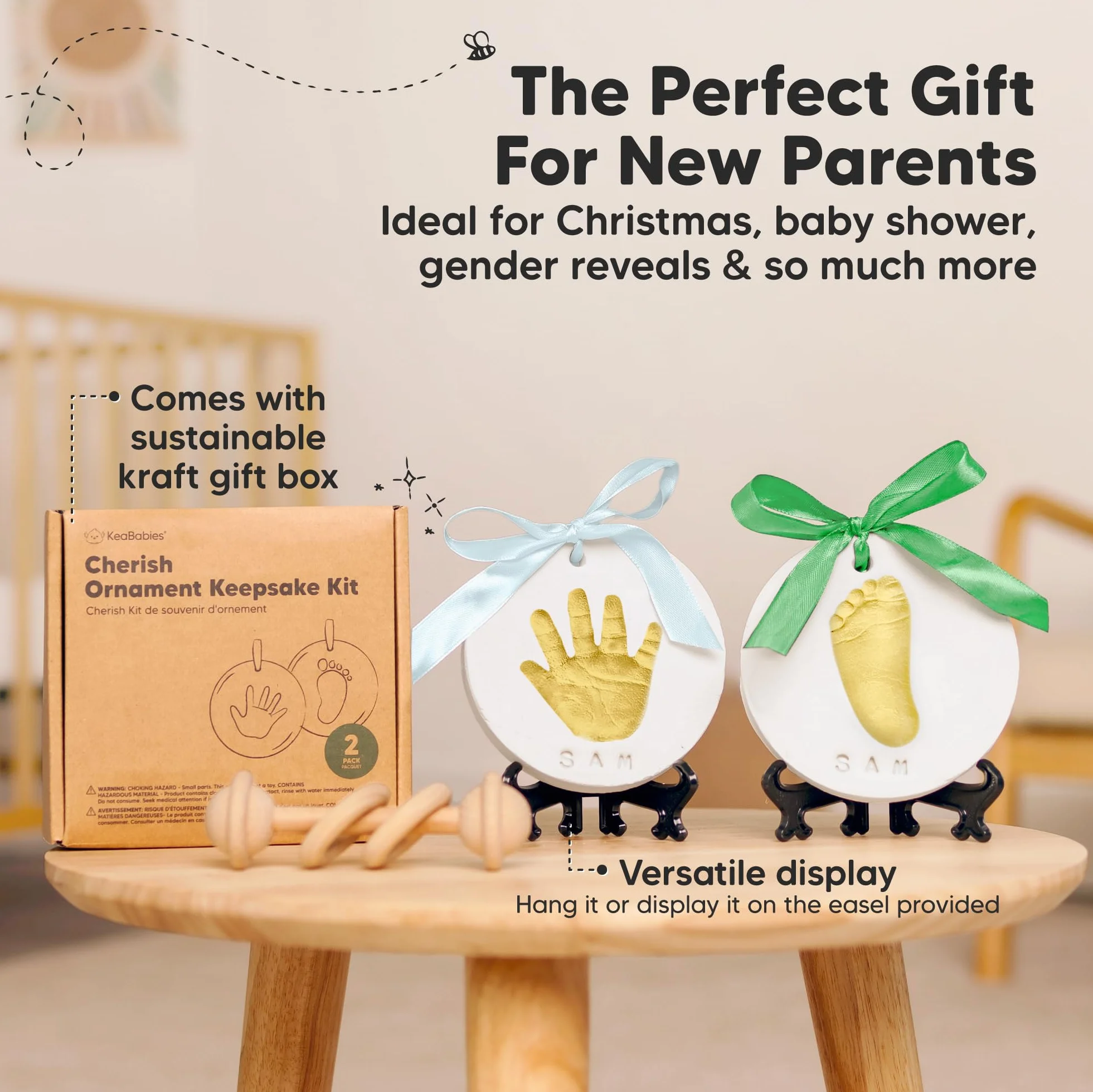 Kit souvenir ornement main bébé personnalisé nouveau-né chevalet art bébé cadeau baby shower (Gold Paint)