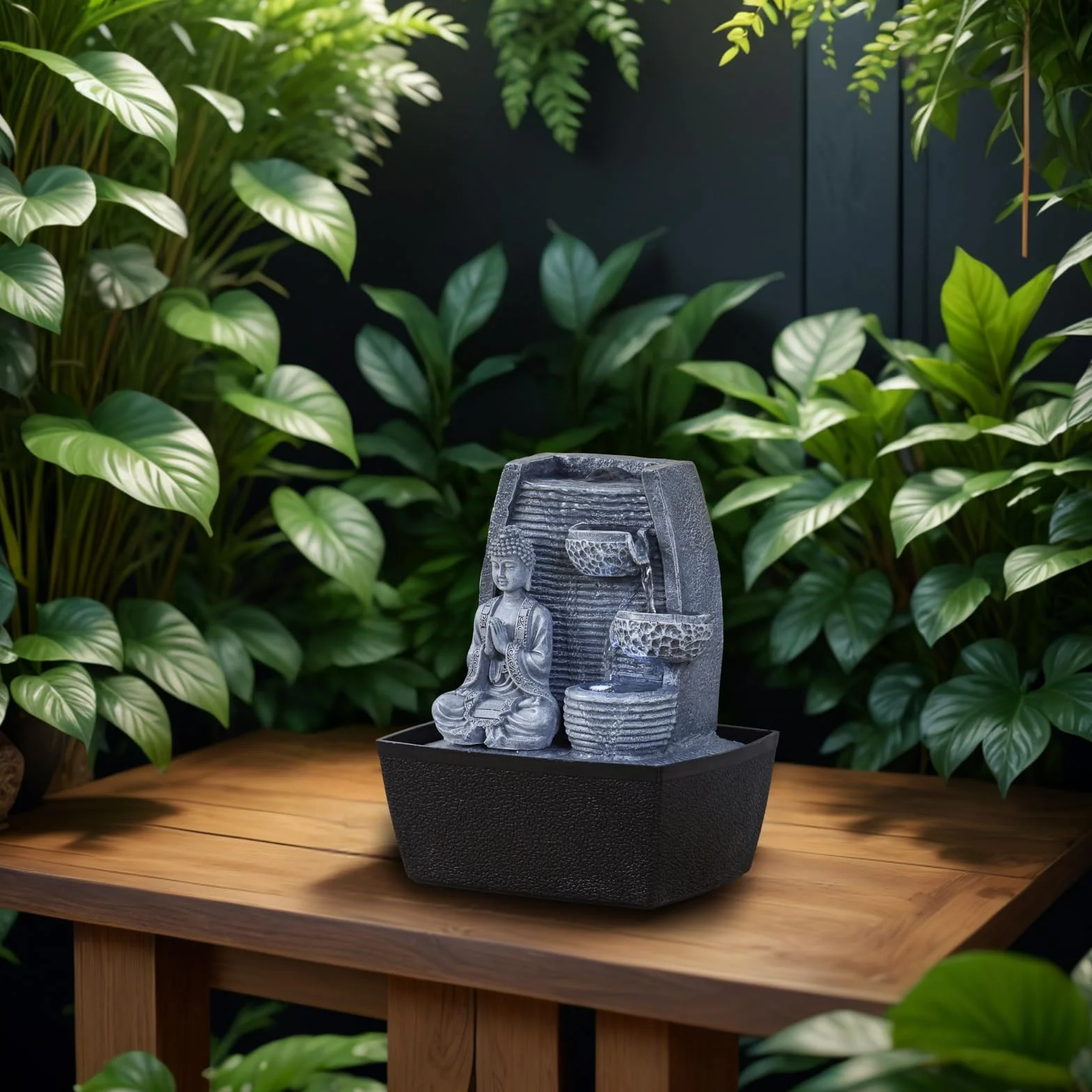 Fontaine d'Intérieur Mur d'Eau Cascade Statue Bouddha Amovible Lumière LED Blanc Circuit fermé H 26cm Décoration Zen Sagesse Zen'Light