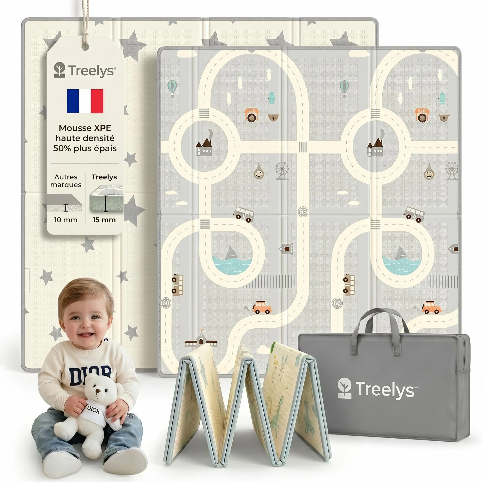Tapis d'Éveil et de Jeux Bébé Treelys Urban Railway 150x200 cm Circuit Routier Pliable Réversible XPE 15mm EN71 0-3 Ans
