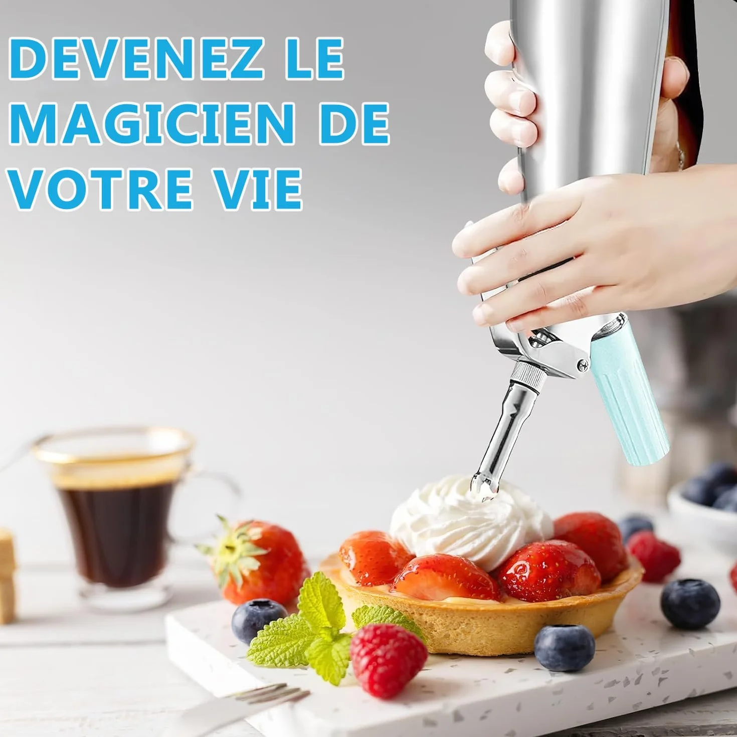 Siphon à Chantilly en Aluminium 500 ML, Distributeur de Crème Fouettée avec 3 Douilles INOX