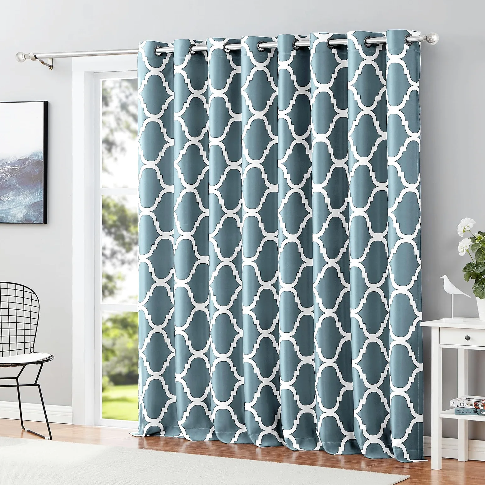 Melodieux Rideau de terrasse marocain pour fenêtre extra large, séparateur de pièce avec œillets pour porte coulissante en verre, 1 panneau (254 x 243 cm, bleu sarcelle poudré)