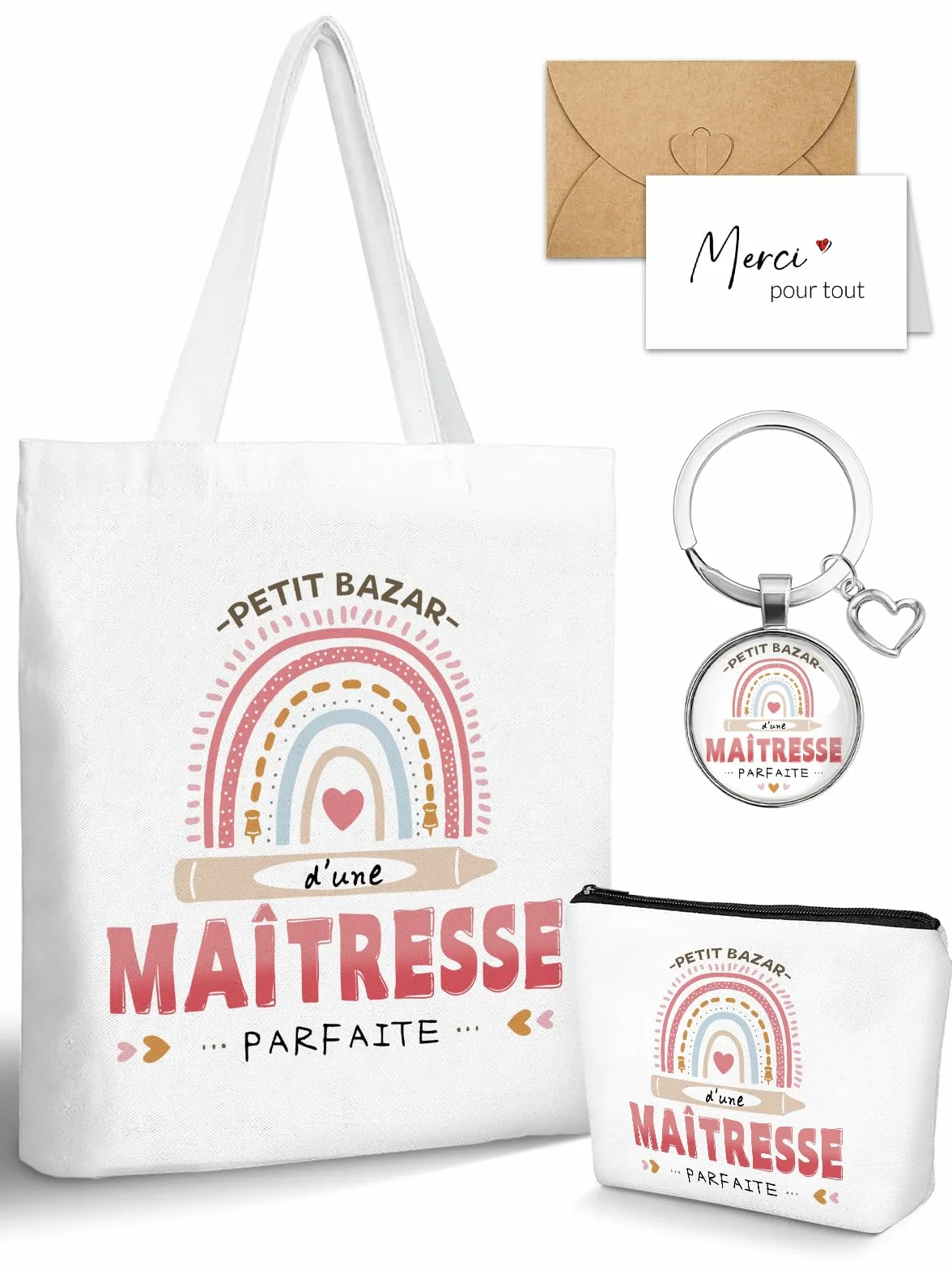 Sac Tote Bag Cadeau Maitresse D'école avec Porte Clés et Carte de Remerciement