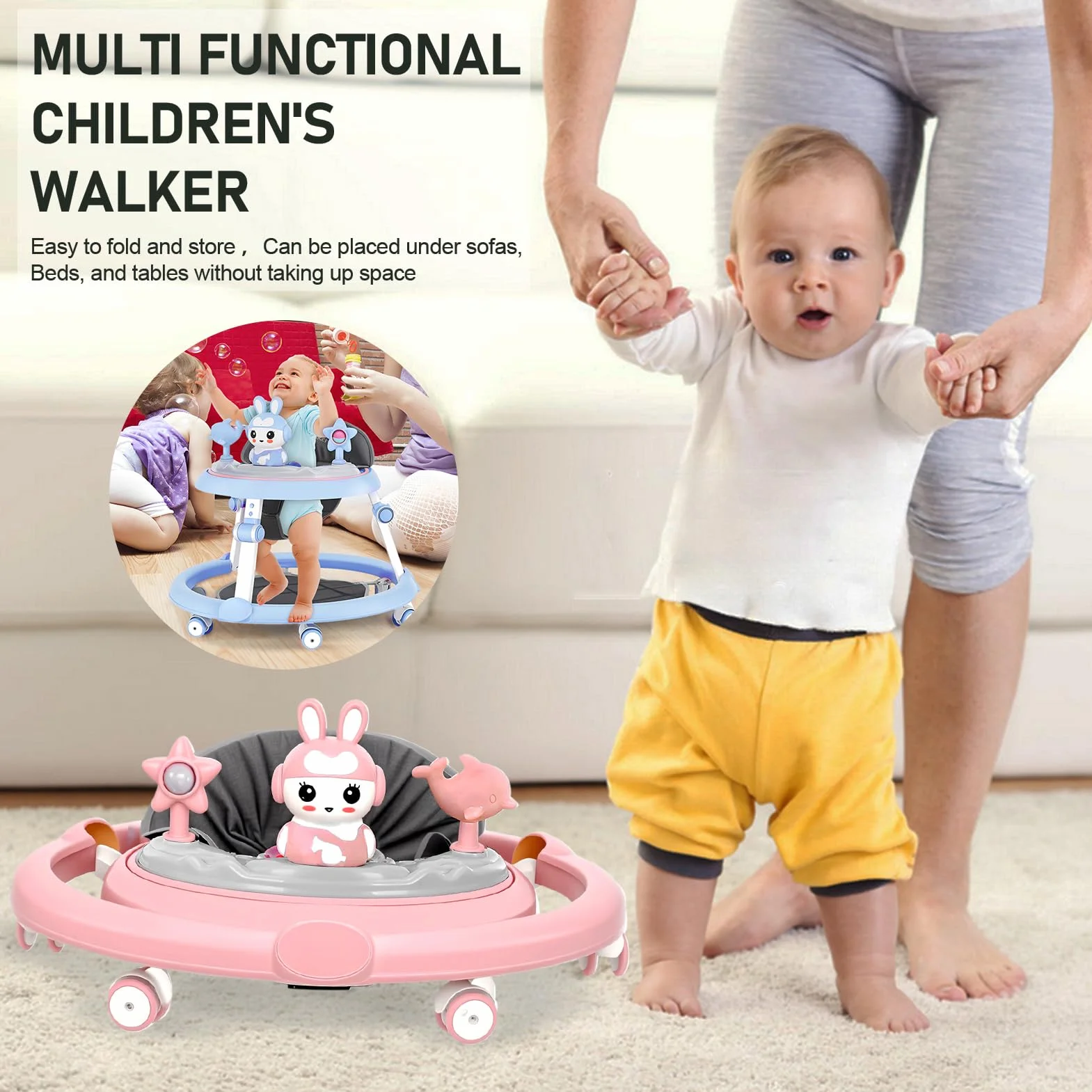 Trotteur Bébé Pliable Évolutif Réglable en Hauteur 7 Niveaux, Roues Silencieuses, Anti Basculement 6-18 Mois Rose