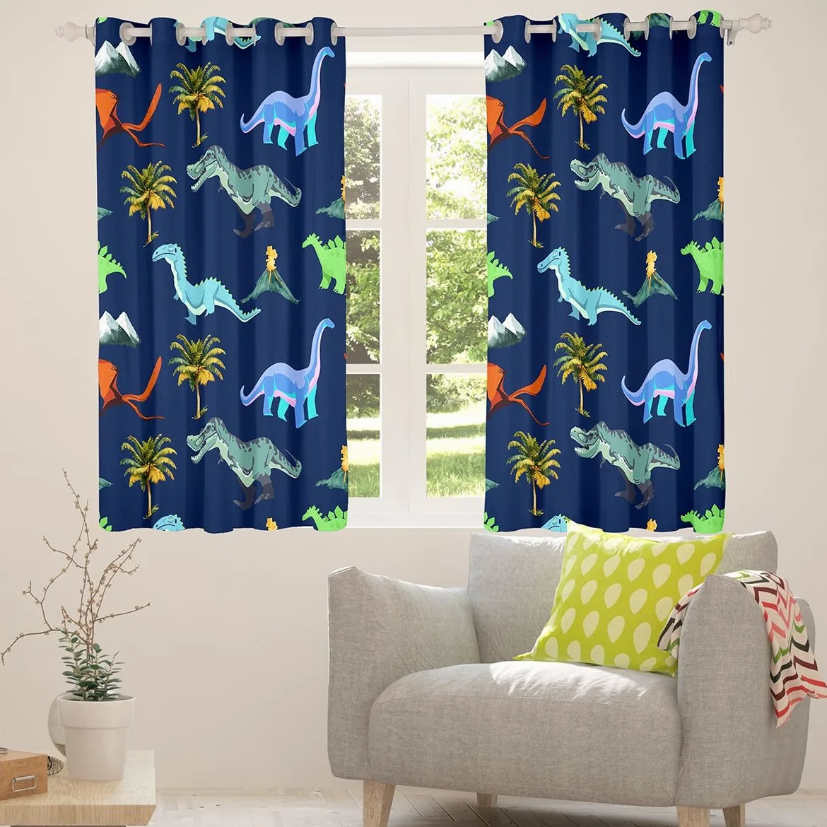 Homewish Rideau Occultant 117x183 cm Dinosaur,Rideau Enfants Adolescents Adults Mignon Coloré Dinosaur,Rideaux Voilage Tropical Palm Trees,Voilage Fenetre Jungle Animal pour Chambre Salon