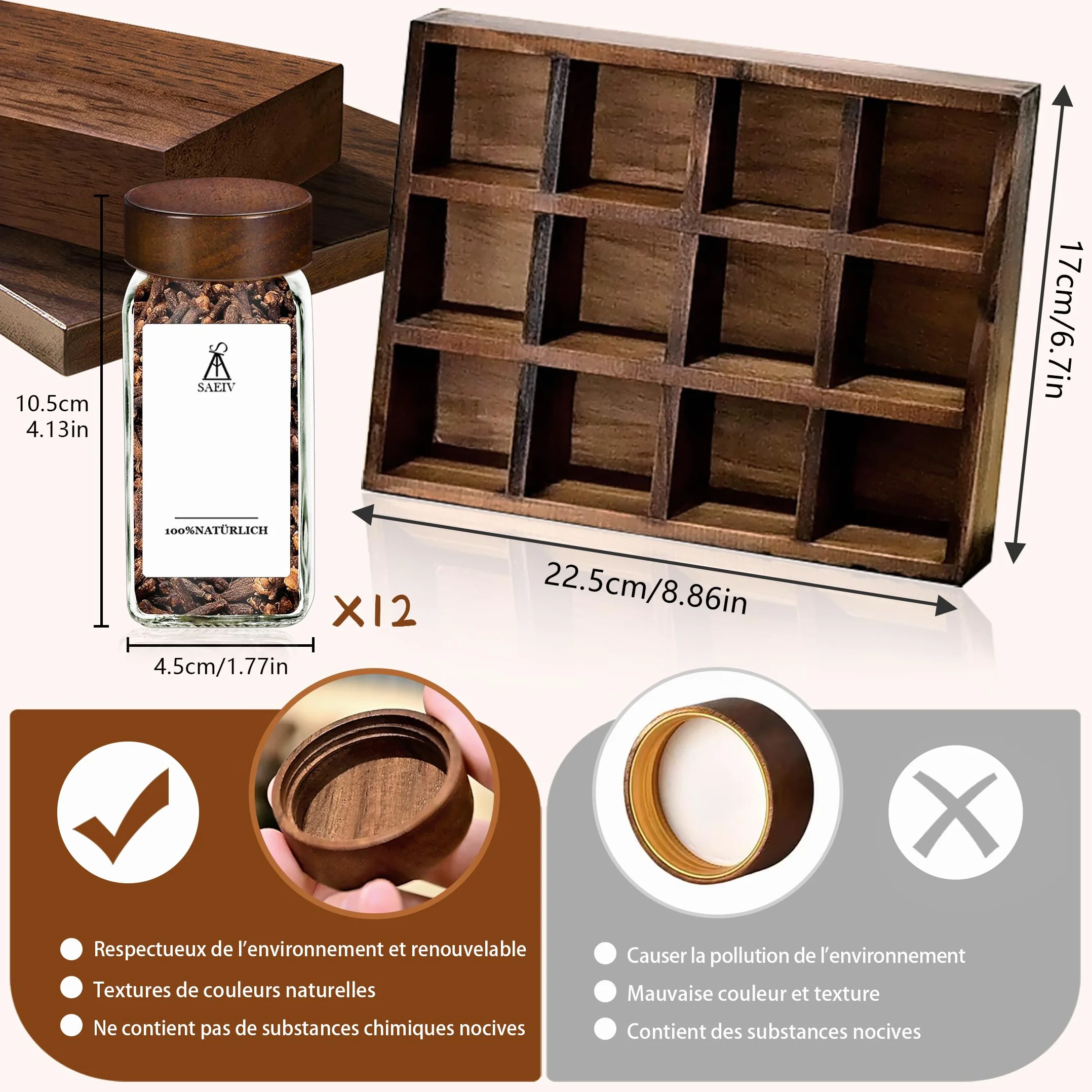 Pot à Épices en Verre et Bois 12 Pièces, Bocaux Borosilicaté Sans BPA, Plateau Acacia, Porte-Épices Hermétique