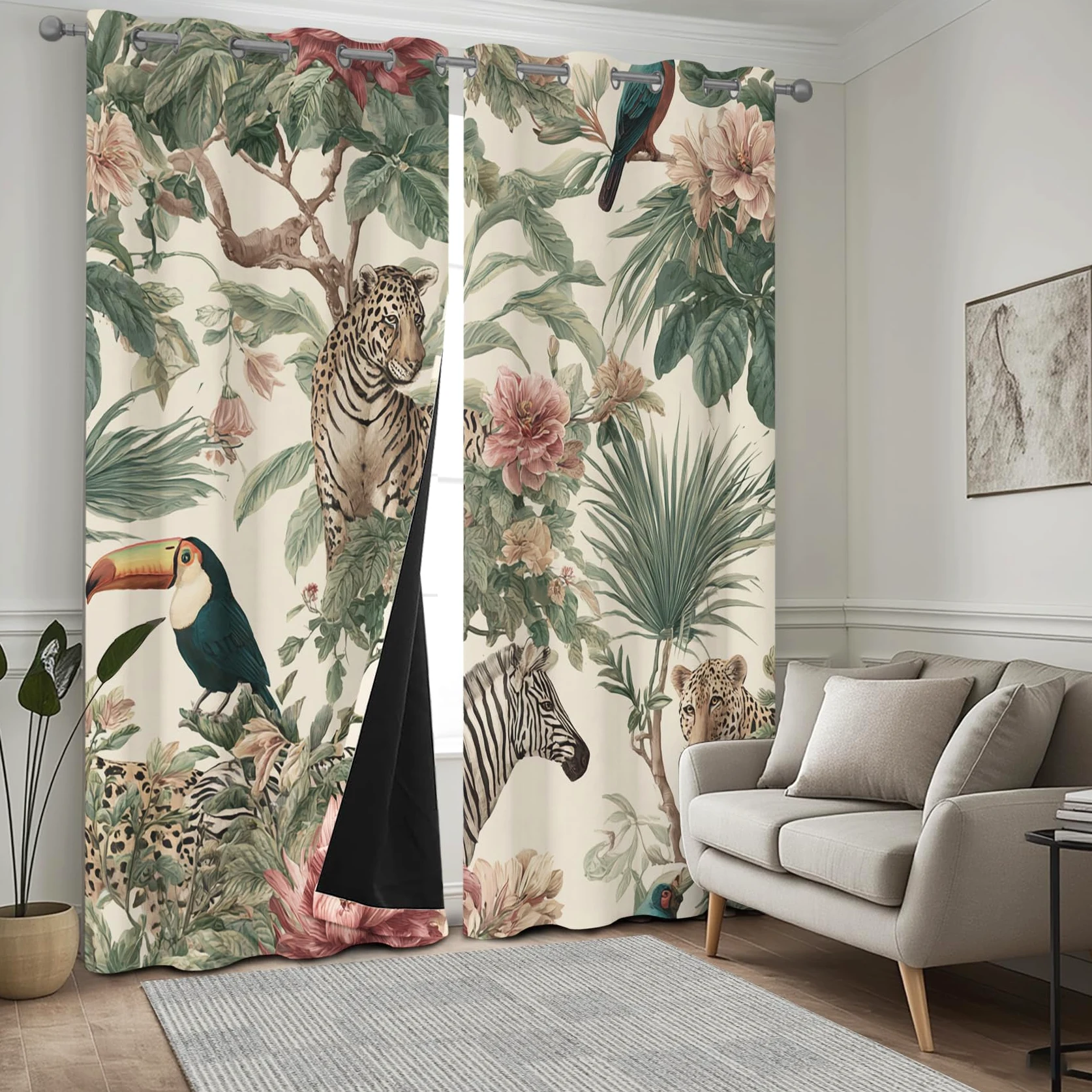 Rideau Occultant Jungle Tropicale, Rideaux Motif Safari Animaux, Rideau Thermique Chambre Salon Fenetre, Fleurs Feuilles de Palmier Lot de 2 Rideaux et Draperies Intérieurs à Oeillets, 140x240cm, yi5