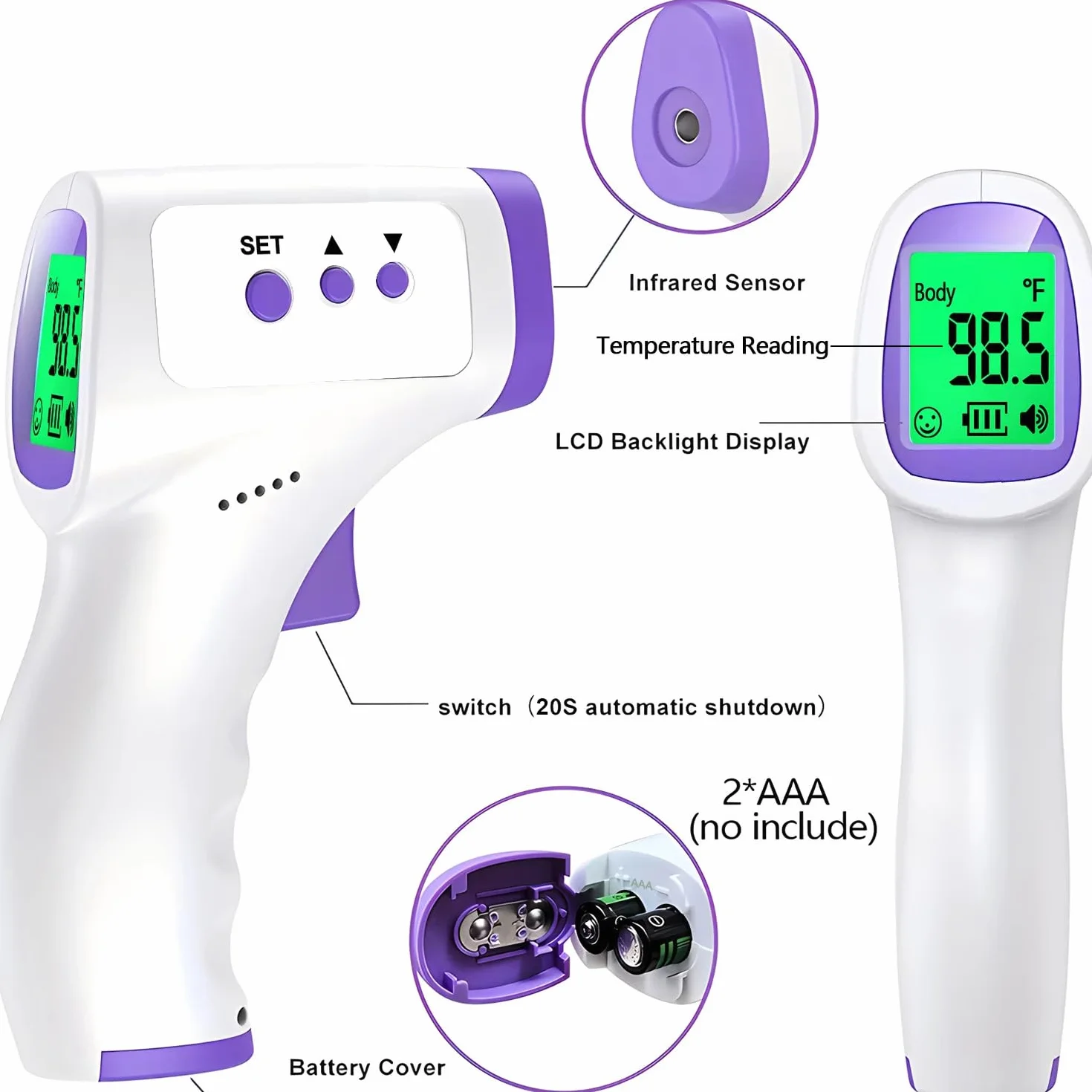 Thermomètre Frontal Sans Contact Adulte Bébé Lecture Instantanée 1s 32 Mémoire Alarme Fièvre