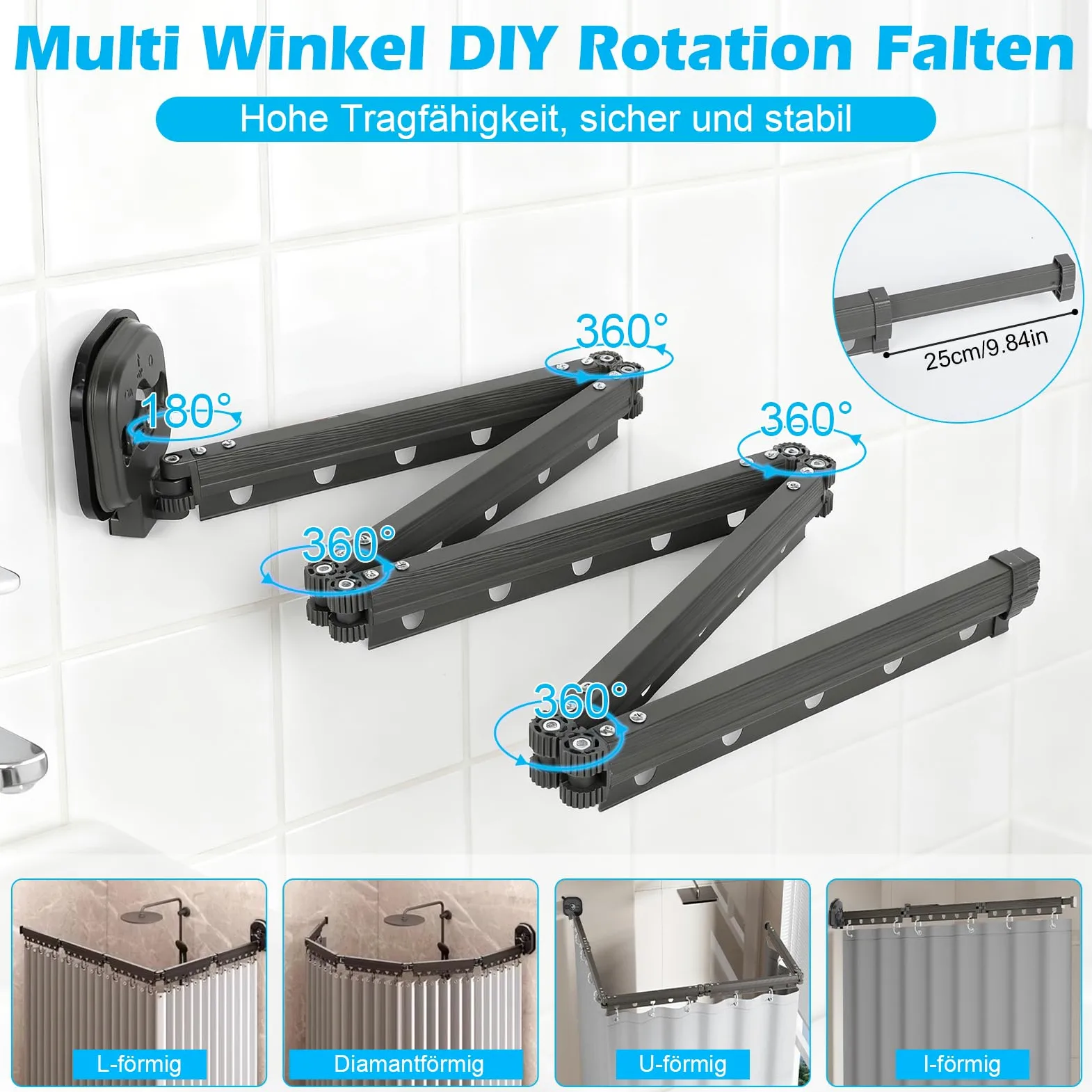 Tringle à rideau de douche pliable avec ventouse, sans perçage, étanche, montage mural, en forme de L/U, pour coin / baignoire (noir, 5 segments)