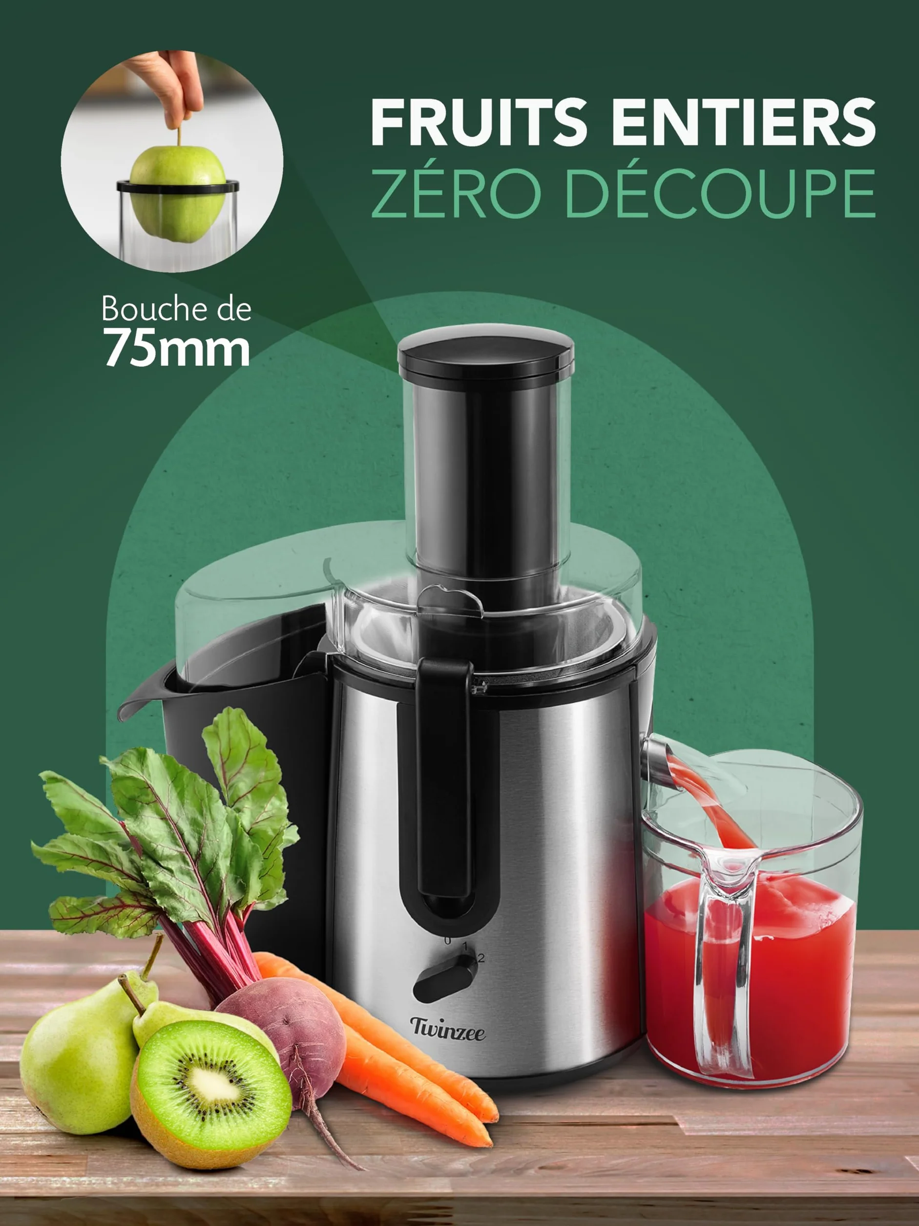 Twinzee Extracteur de Jus Fruits Légumes 850W Centrifugeuse Goulot 75 mm 2 Vitesses