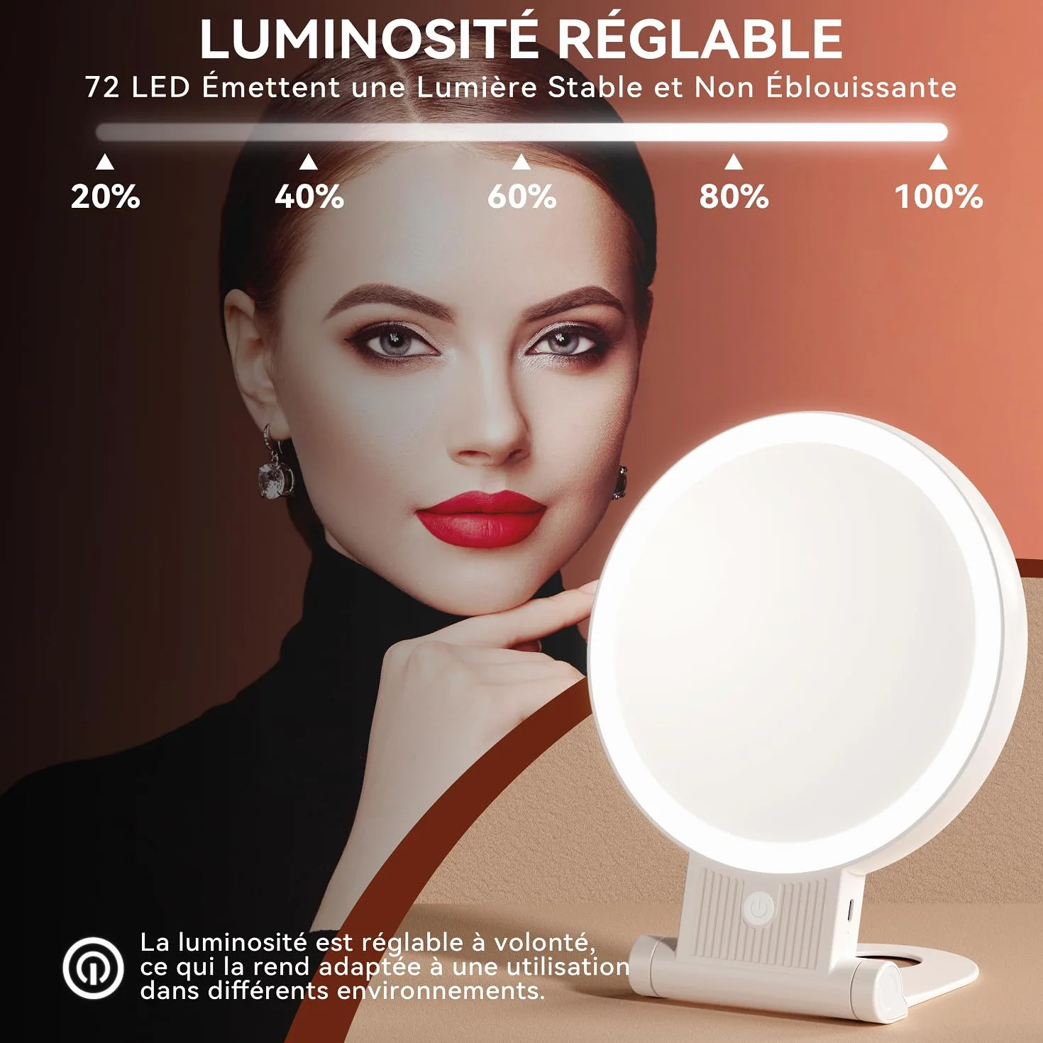 Auxmir Miroir Grossissant Lumineux Double Face 1X/30X, Maquillage 3 Couleurs, Luminosité Réglable, Batterie 2000mAh, Support 360°