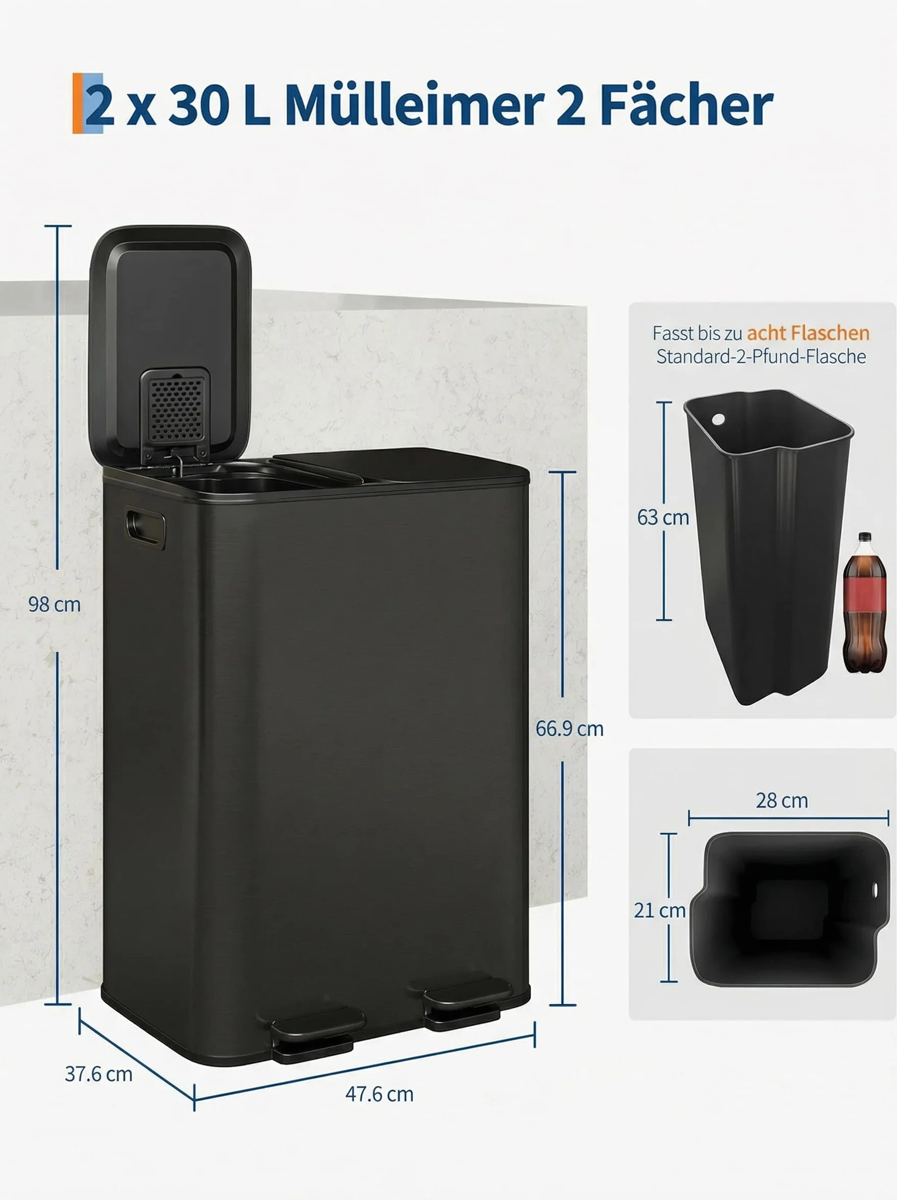Poubelle cuisine métal 2 compartiments 30 L avec pédales indépendantes couvercle fermeture douce recyclage déchets organiques seaux amovibles Noir mat