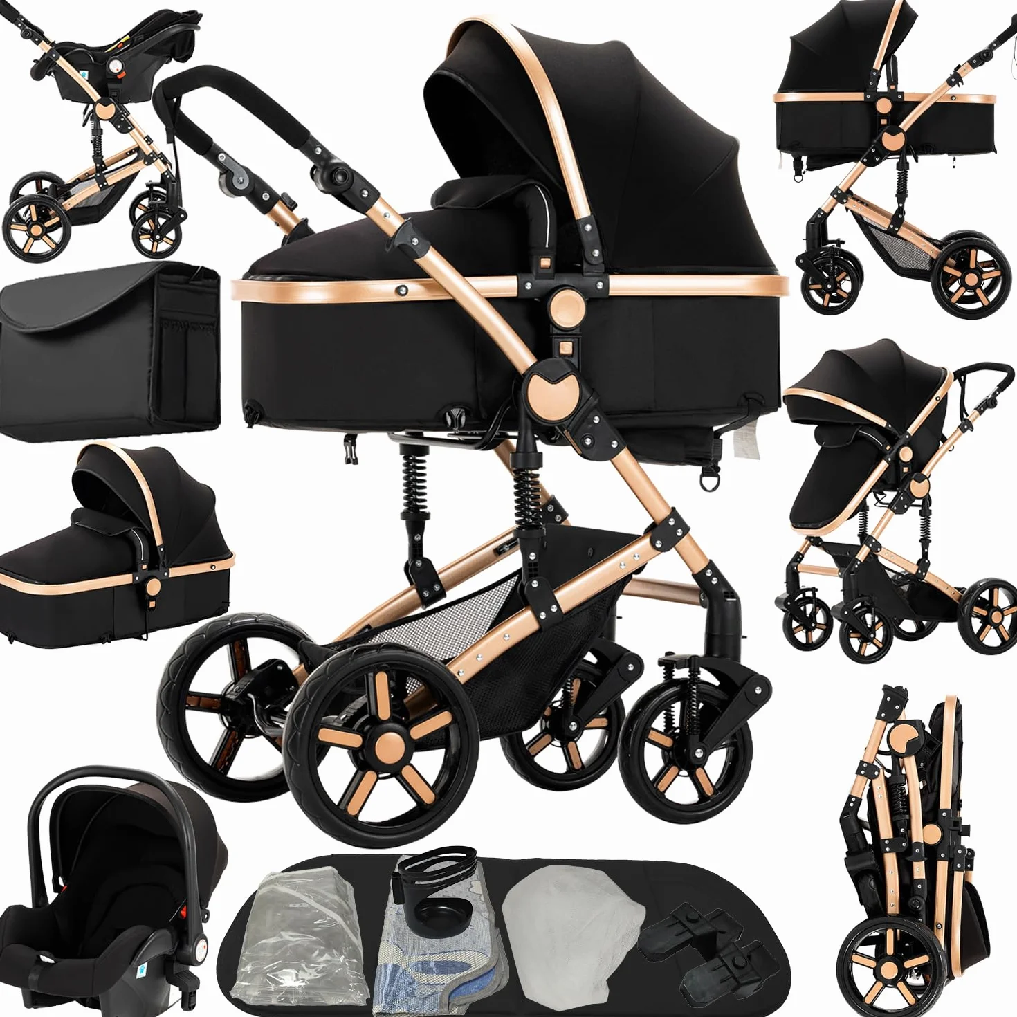Poussette 3 en 1 Bebe Cadre Aluminium Haute Paysage Pliable Un Clic Noir Or