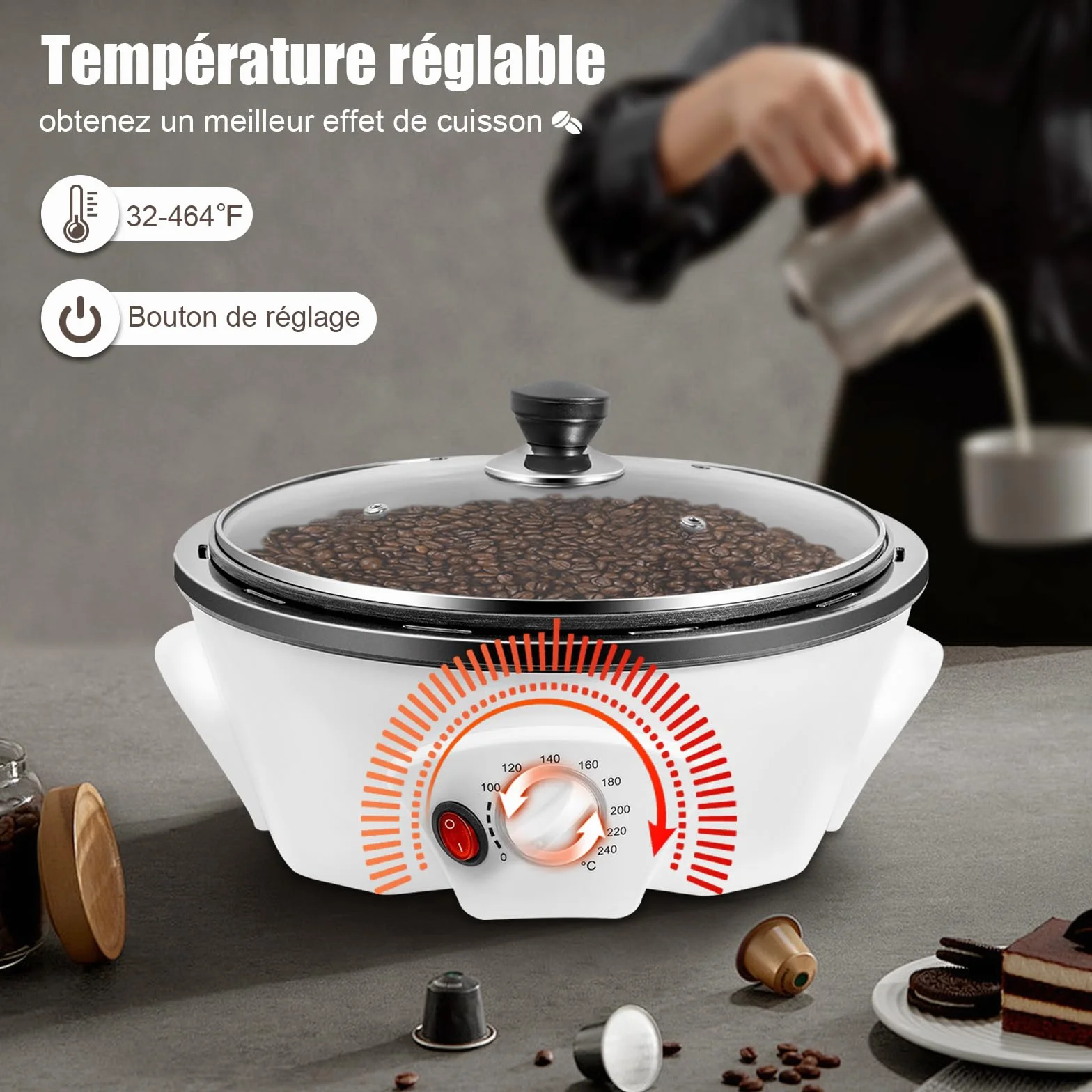 Torréfacteur de Café 1200W avec Température Réglable pour Torréfier les Grains de Café (Blanc)