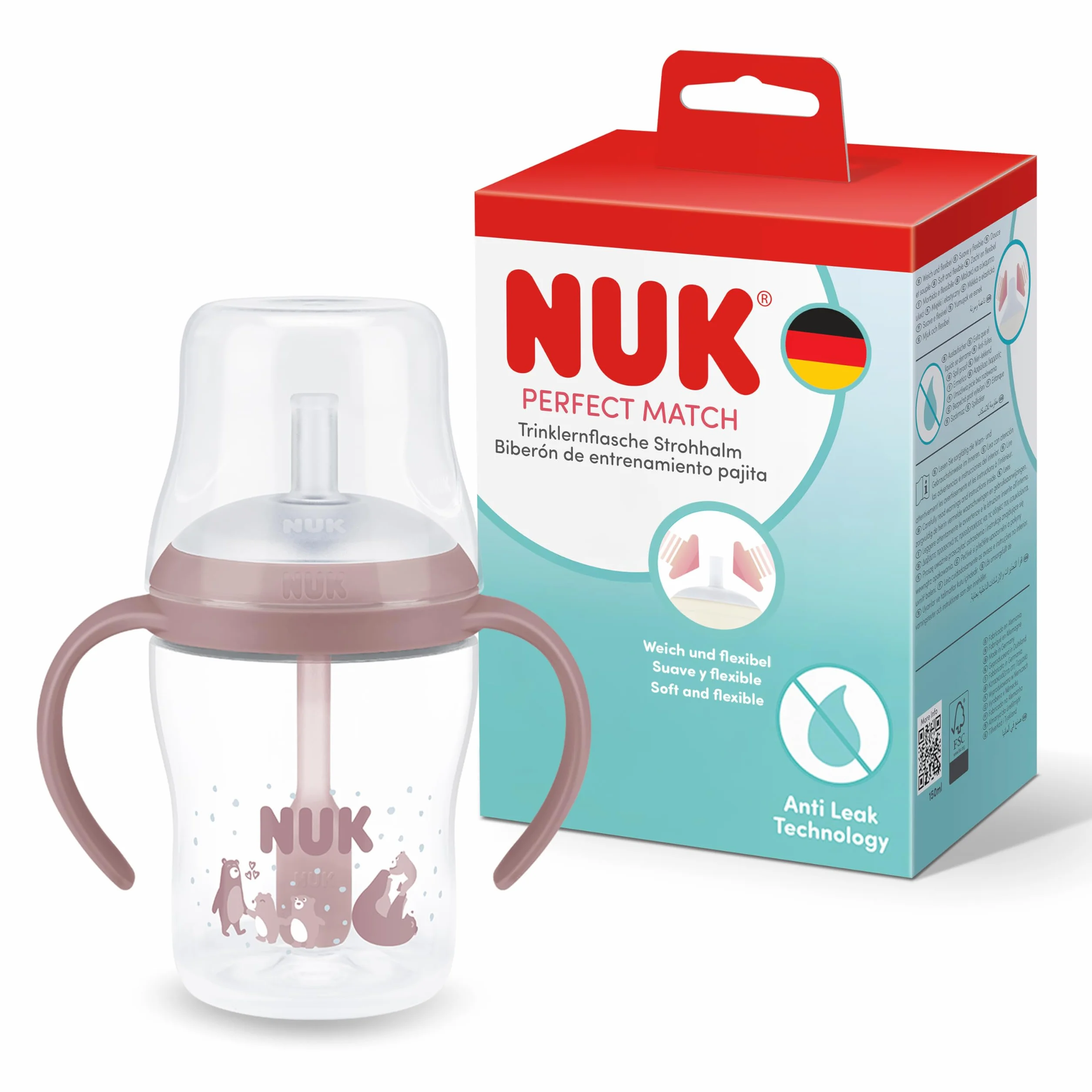 NUK Perfect Match Tasse d'apprentissage avec paille anti-fuite pour bébé 150 ml 8+ mois Rose