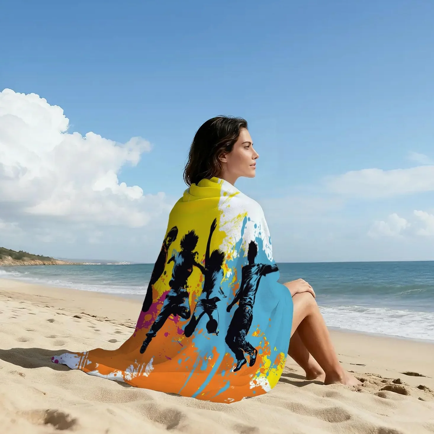 Générique Serviette de Plage Microfibre 230 x 210 CM,Drap de Plage Urbain, Graffiti, Silhouette, Couverture de Plage Absorbante,Couverture de Bain Silhouettes Vibrantes
