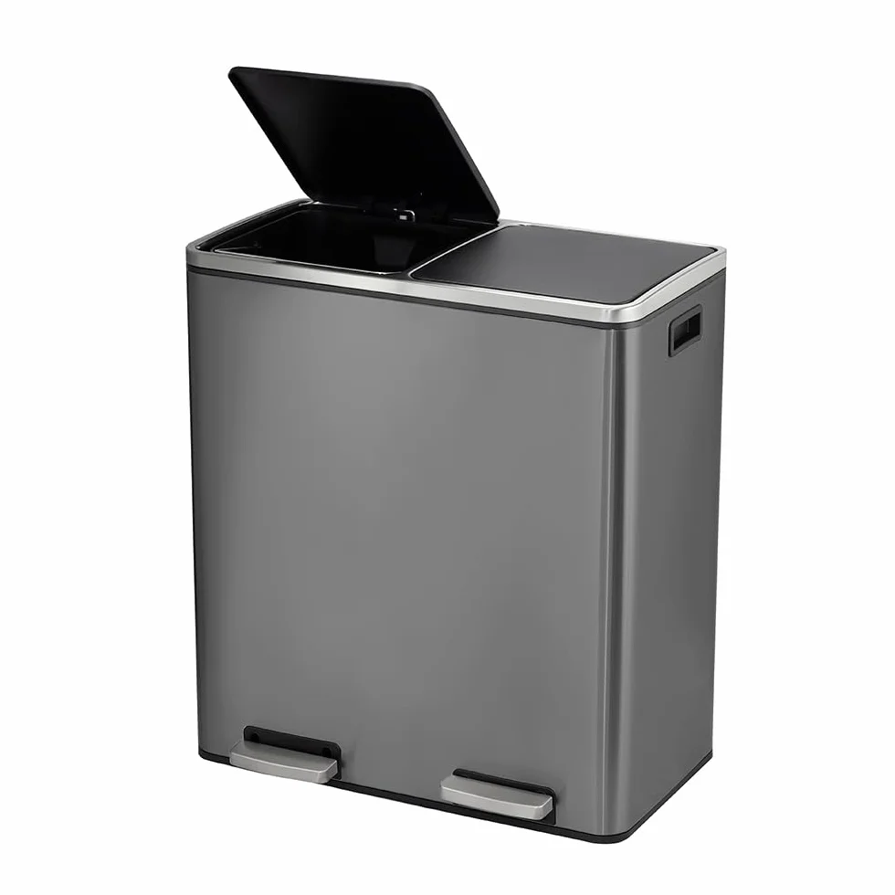 Panana Poubelle à Double Compartiment 60L 2x30L Pédales Métal Sacs Poubelles Gris