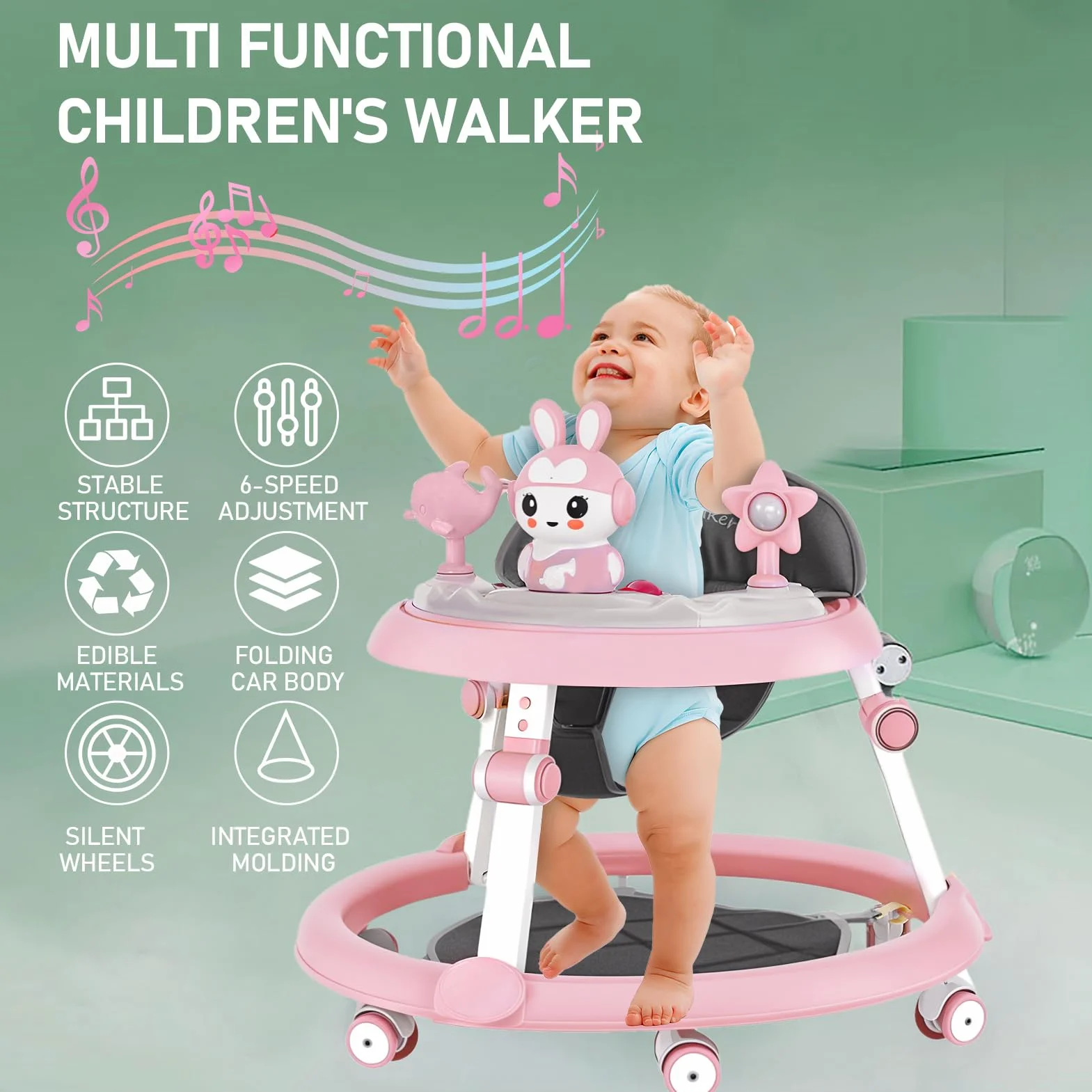 Trotteur Bébé Pliable Évolutif Réglable en Hauteur 7 Niveaux, Roues Silencieuses, Anti Basculement 6-18 Mois Rose