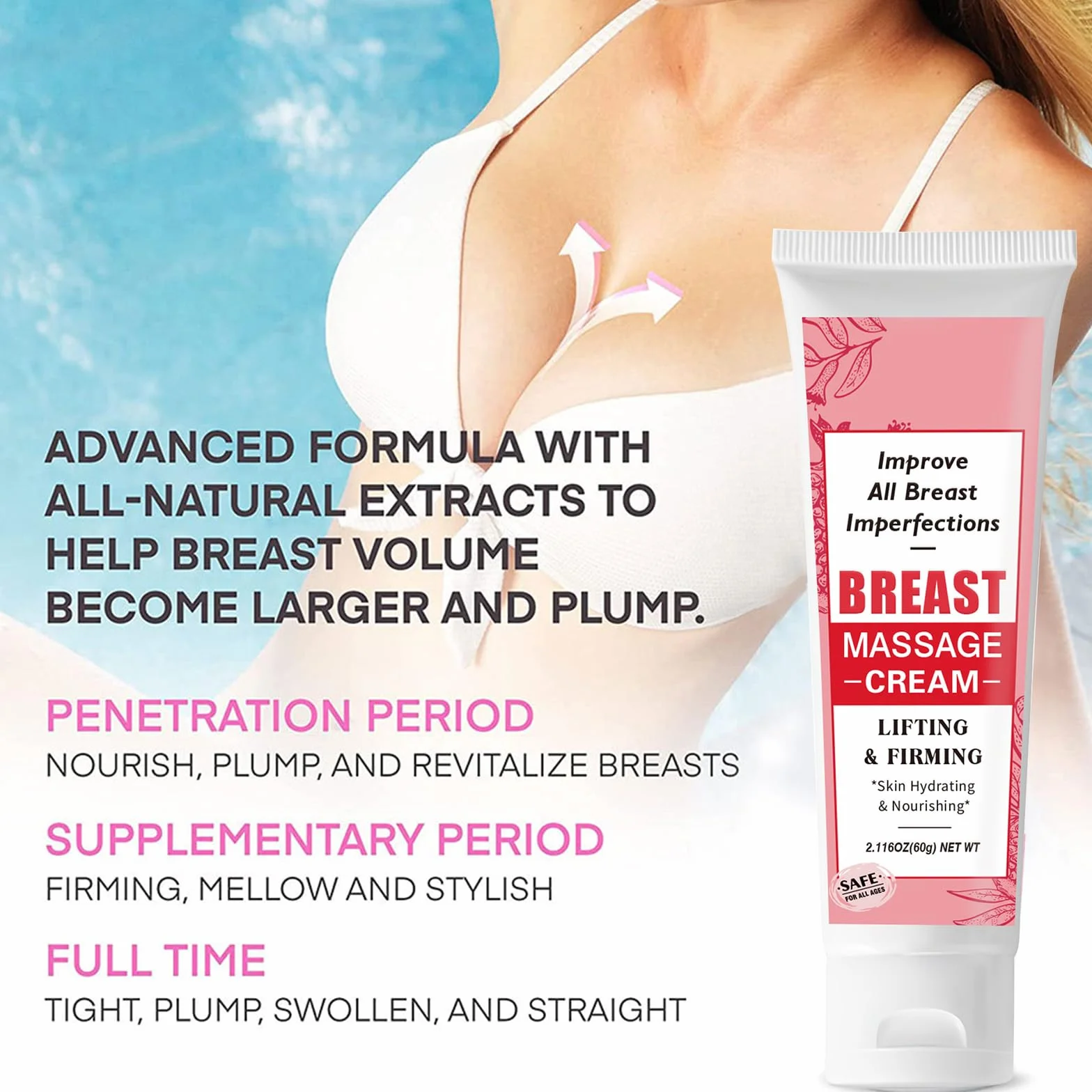 Crème d'amélioration de la Poitrine 60g, Crème Augmentante et Hydratante, Raffermissante Lifting Massage