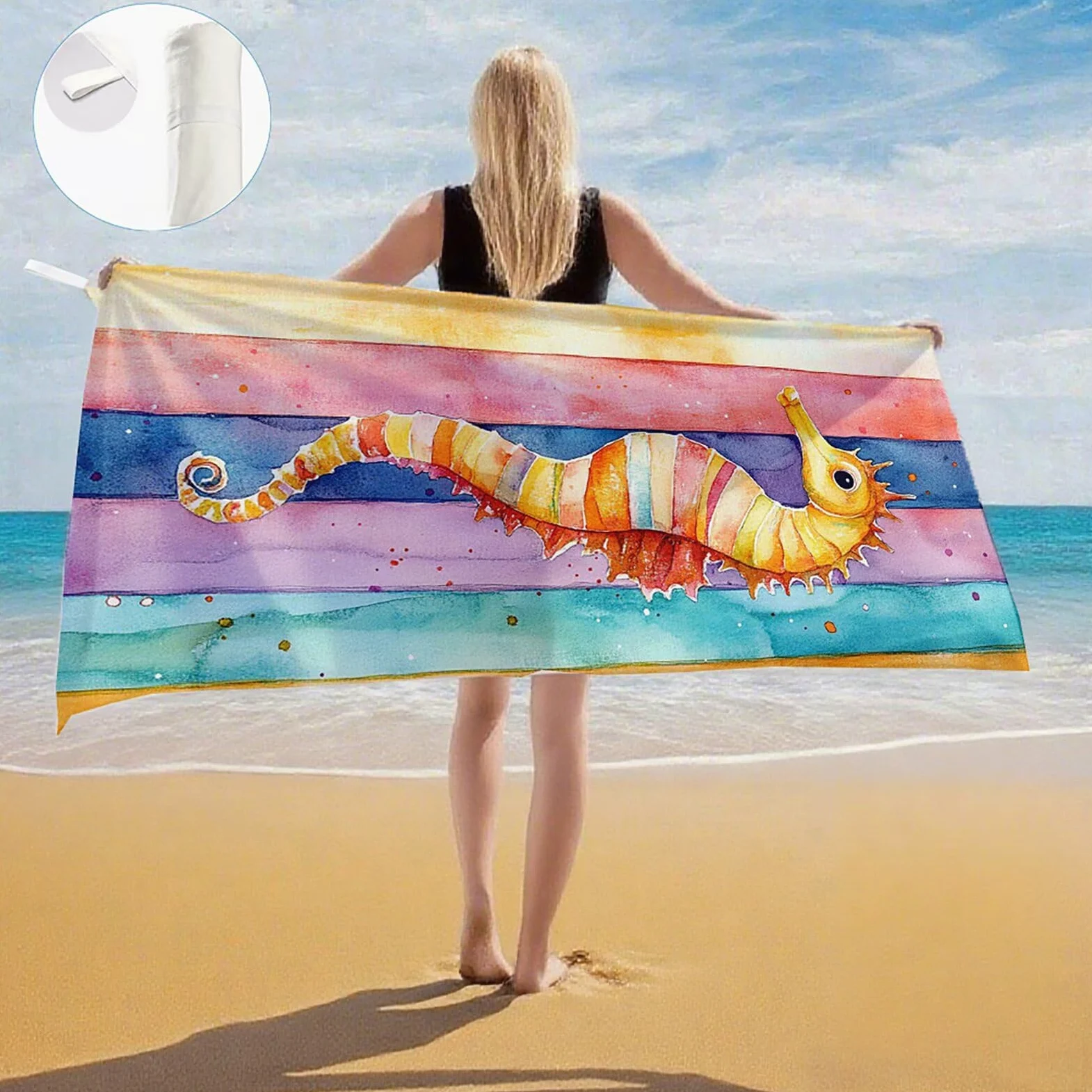 Serviette de Plage XXL 100x200 cm,Hippocampe Serviette Plage Microfibre avec Séchage Rapide, Anti-Sable, Absorbante Fonction Design pour Vacances Piscine Pique-Nique Voyages Yoga, Cadeau Femme Q-686