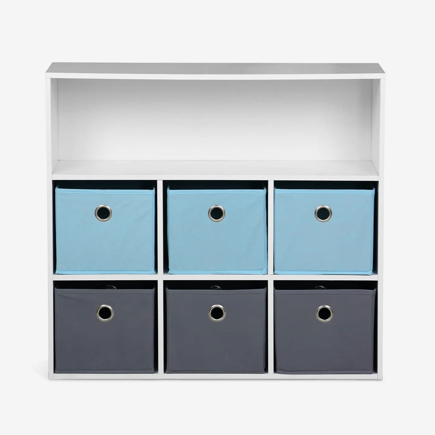 Alice's Home - Meuble de Rangement pour Enfant. Blanc - Camille - avec 7 Compartiments et 6 paniers Gris et Bleus
