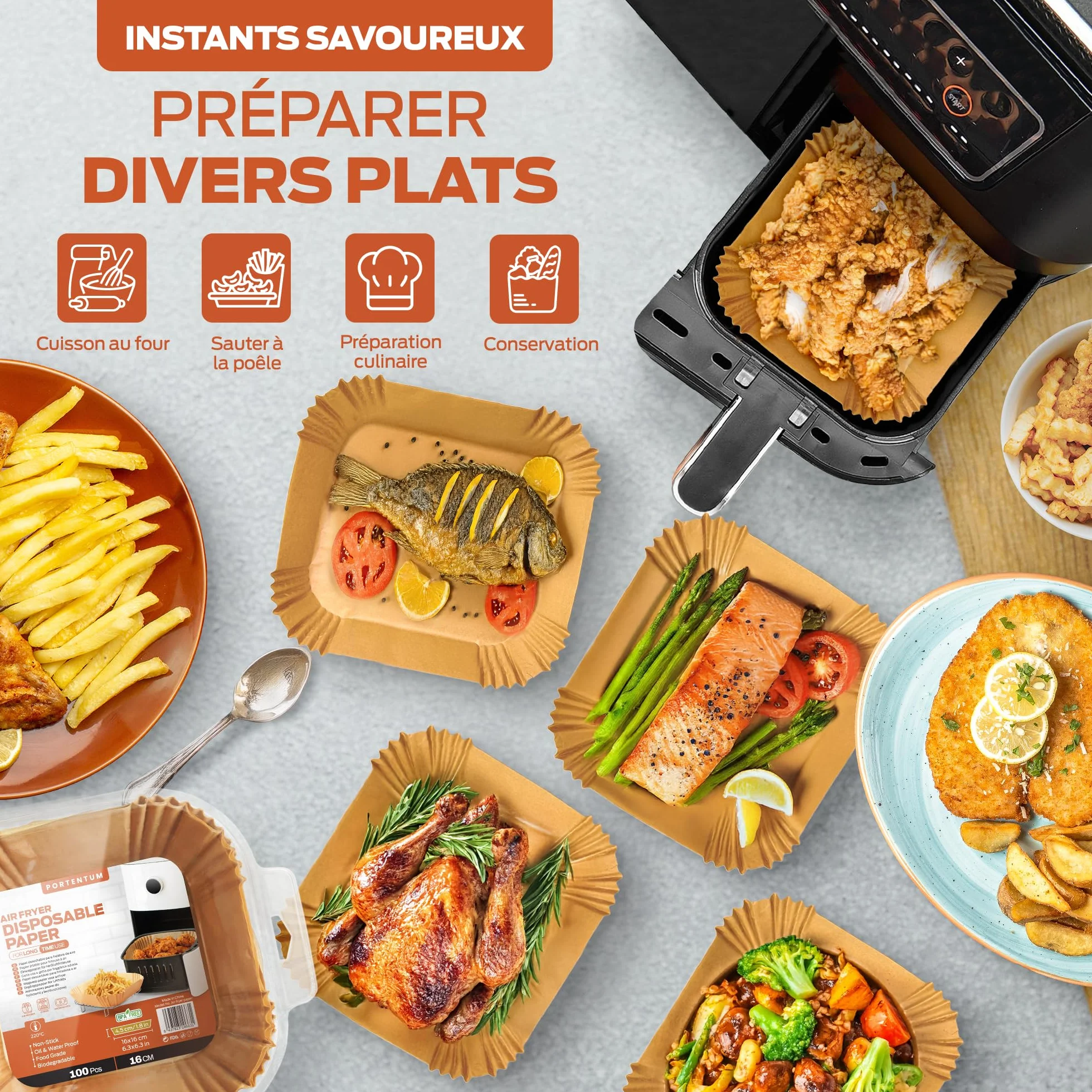 PORTENTUM Papier cuisson air fryer 100 pièces Food-Grade sans BPA 20×24 cm adapté friteuses 5–8 L