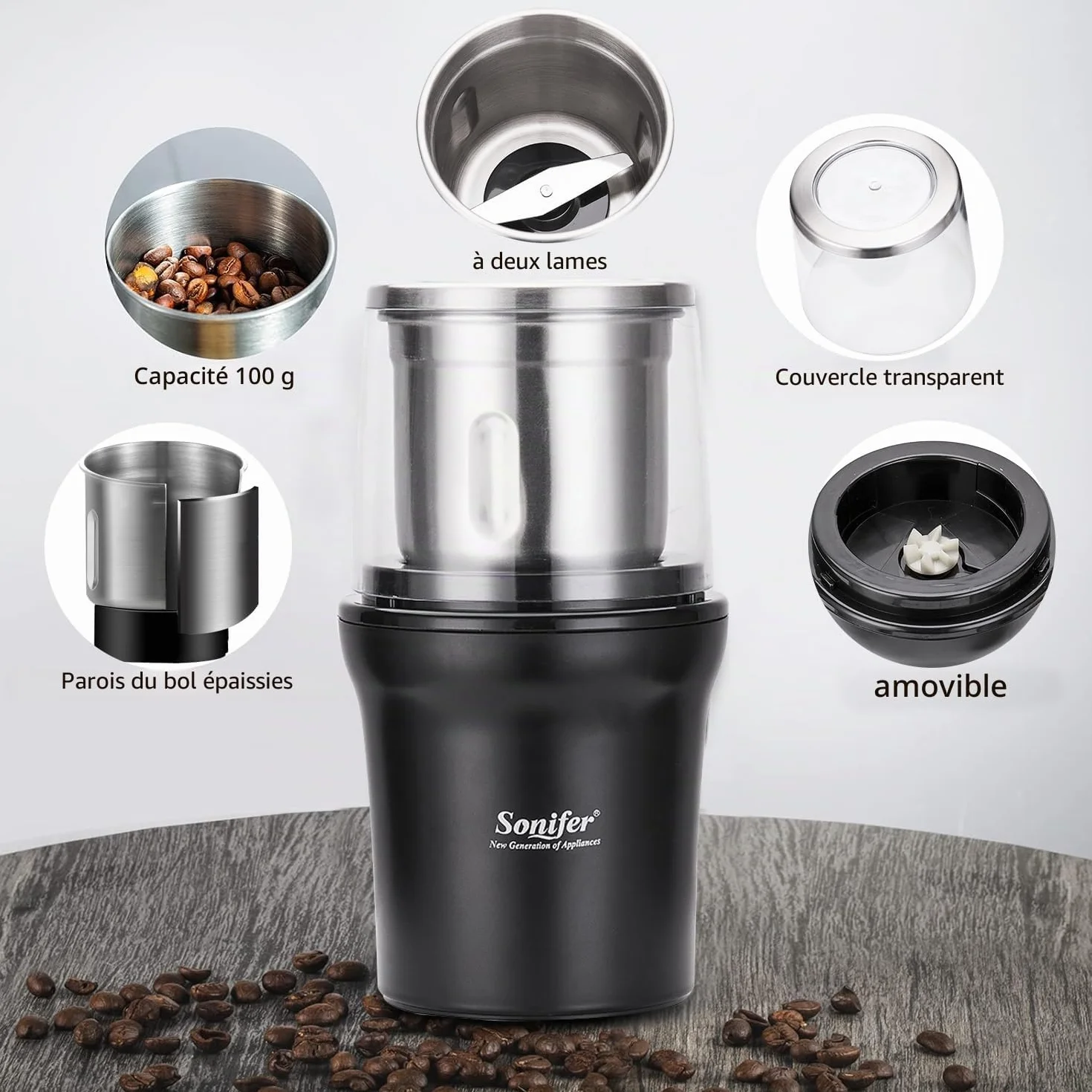 Moulin à épices électrique 300 W 100 g acier inoxydable récipient amovible