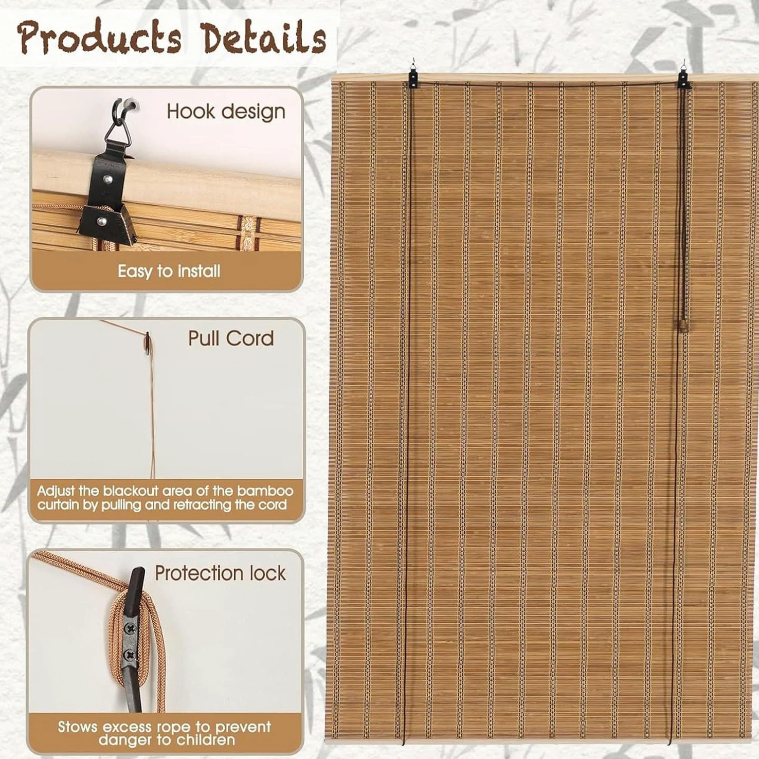 Rideau en Bambou,Store Enrouleur Bambou Naturel,Store Venitien Bois,Store Fenetre Occultant pour Intérieur/Extérieur,Pare-soleil D'intimité pour Jardin,Balcon,Largeur x Hauteur (120cm x 200cm)