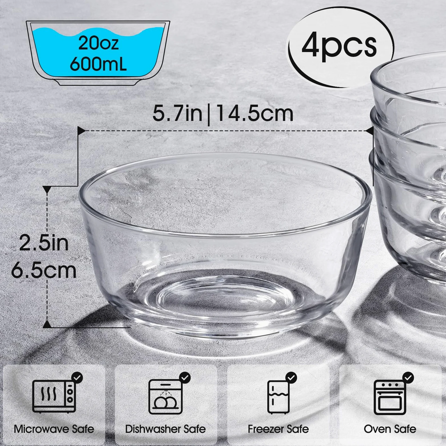 NUTRIUPS Lot de 4 petits bols à dessert en verre de 14,5 cm, petits bols à dessert en verre transparent de 590 ml pour la cuisine