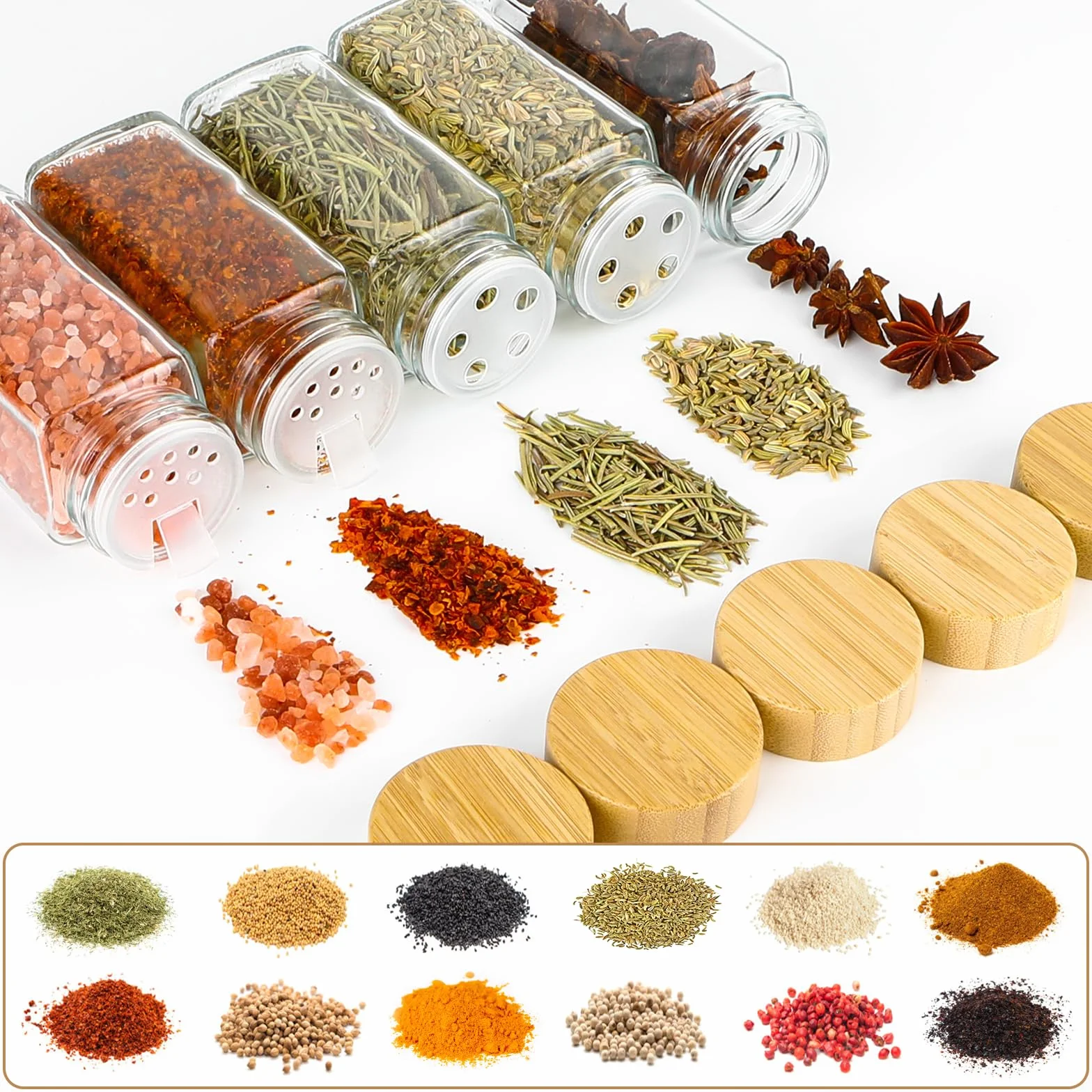 Lannvan Pot à Épices en Verre et Bois, 24x120ml, Pot Épices Carré avec Couvercle Bambou, Bocaux Épices Cuisine, 310 Étiquettes Vierges