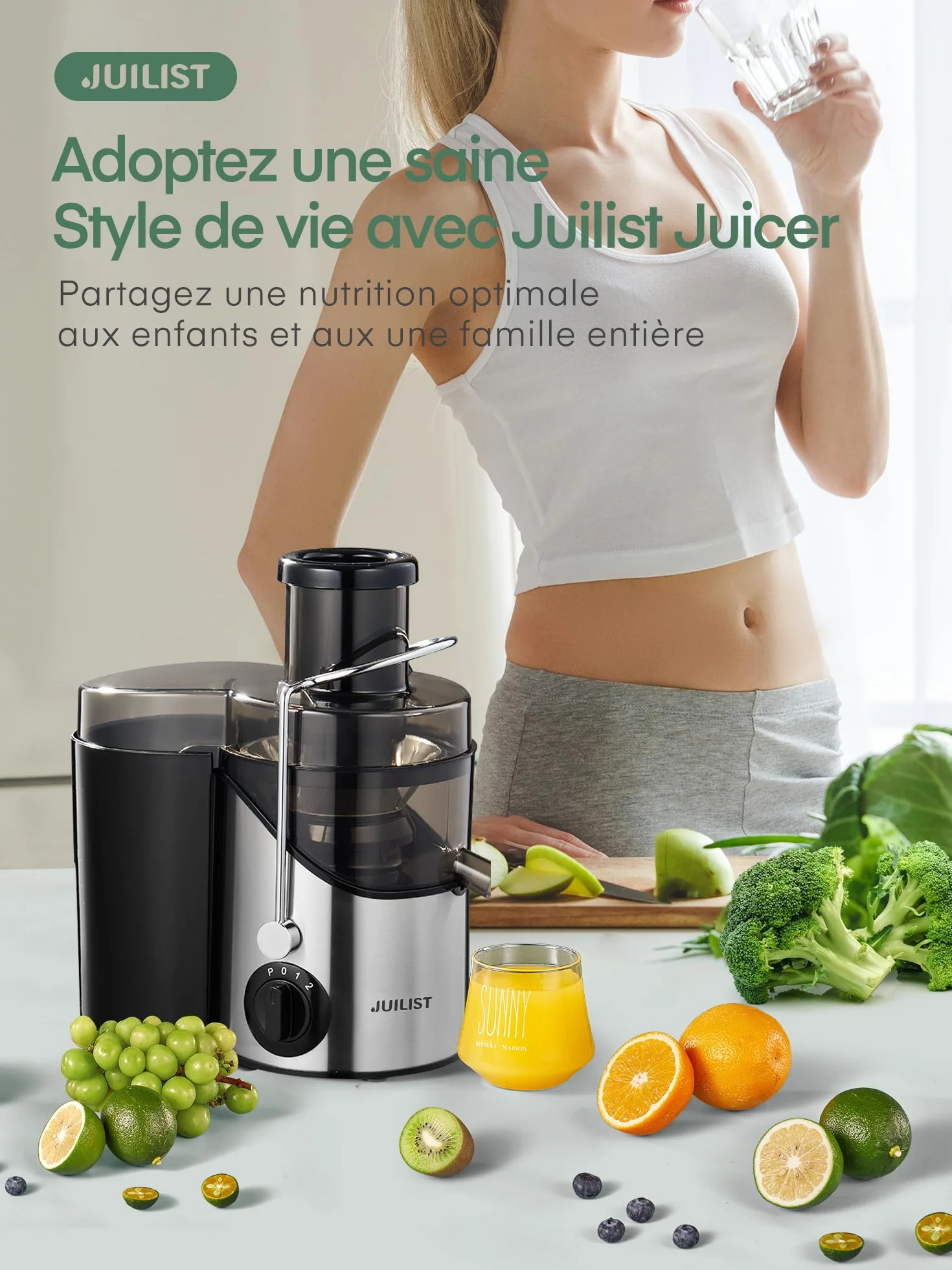 JUILIST Centrifugeuse Extracteur de Jus, Goulotte 65 mm, 3 Réglages, Sans BPA