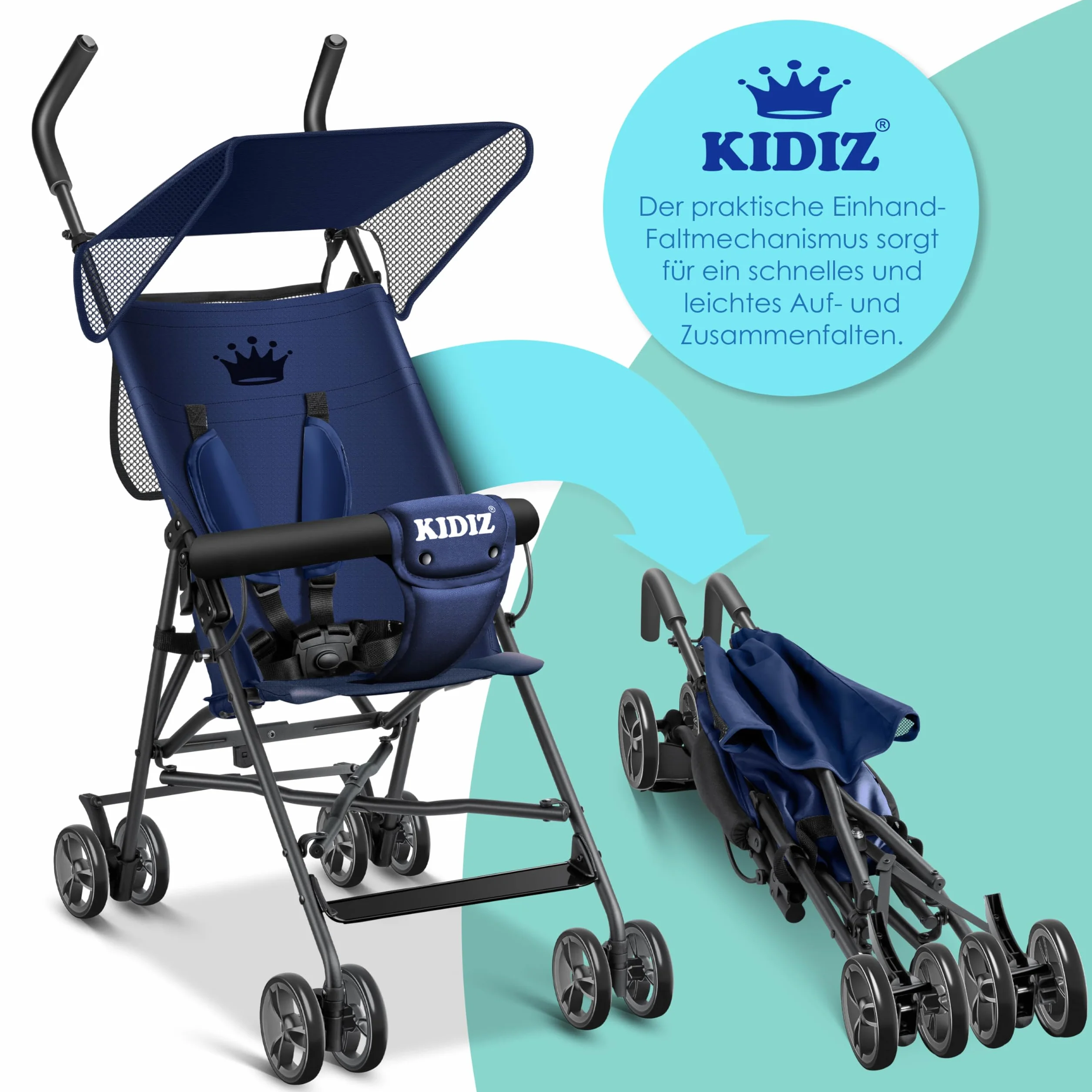 KIDIZ Poussette pliante 360° 4 roues parasol ceinture sécurité 5 points bleu marine