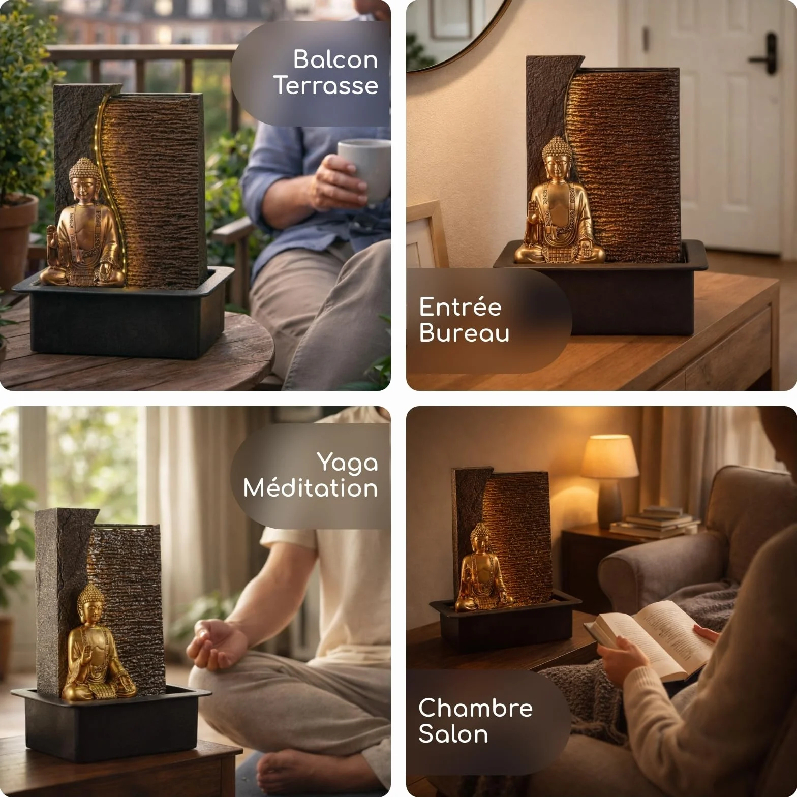 Fontaine d'Intérieur Bouddha Zen'Light Jati H 40cm avec Bandeau LED Jaune et Pompe Silencieuse