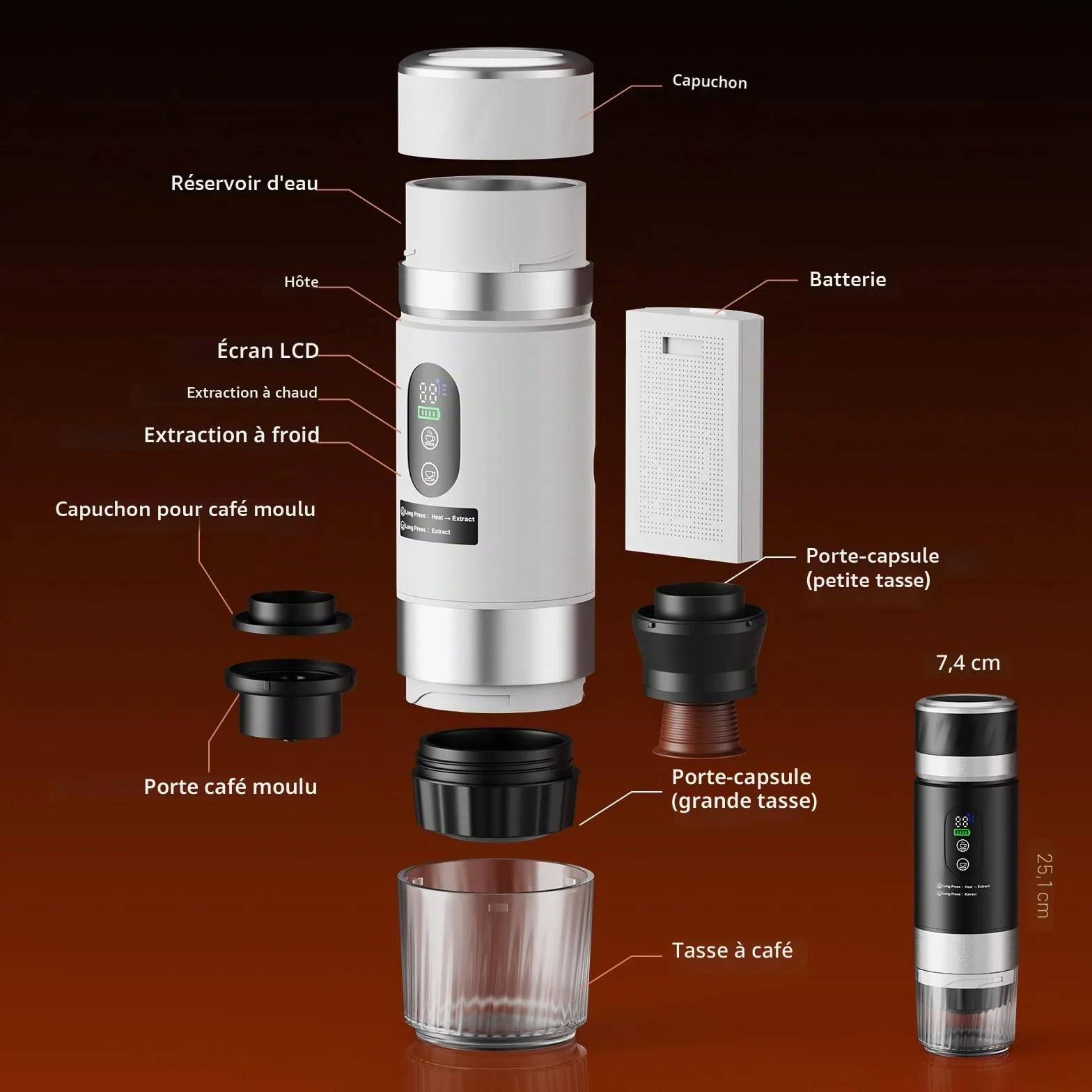 Cafetière Portable 3 en 1,Machine à Café à Capsules Expresso Cafetière Rechargeable avec Batterie 2×7500 mAh,compatible avec Capsules Ness-preso, Dolce-Gusto,pour Camping,Bureau,Voyage