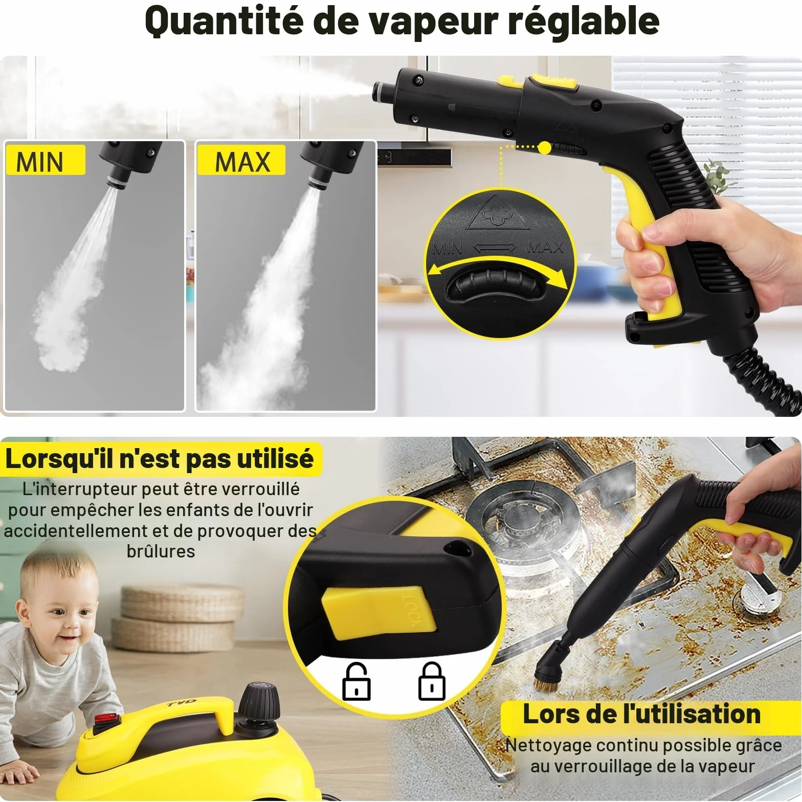 TVD Nettoyeur vapeur pour meubles rembourrés câble 5 m vapeur four tapis canapé coussin punaises de lit