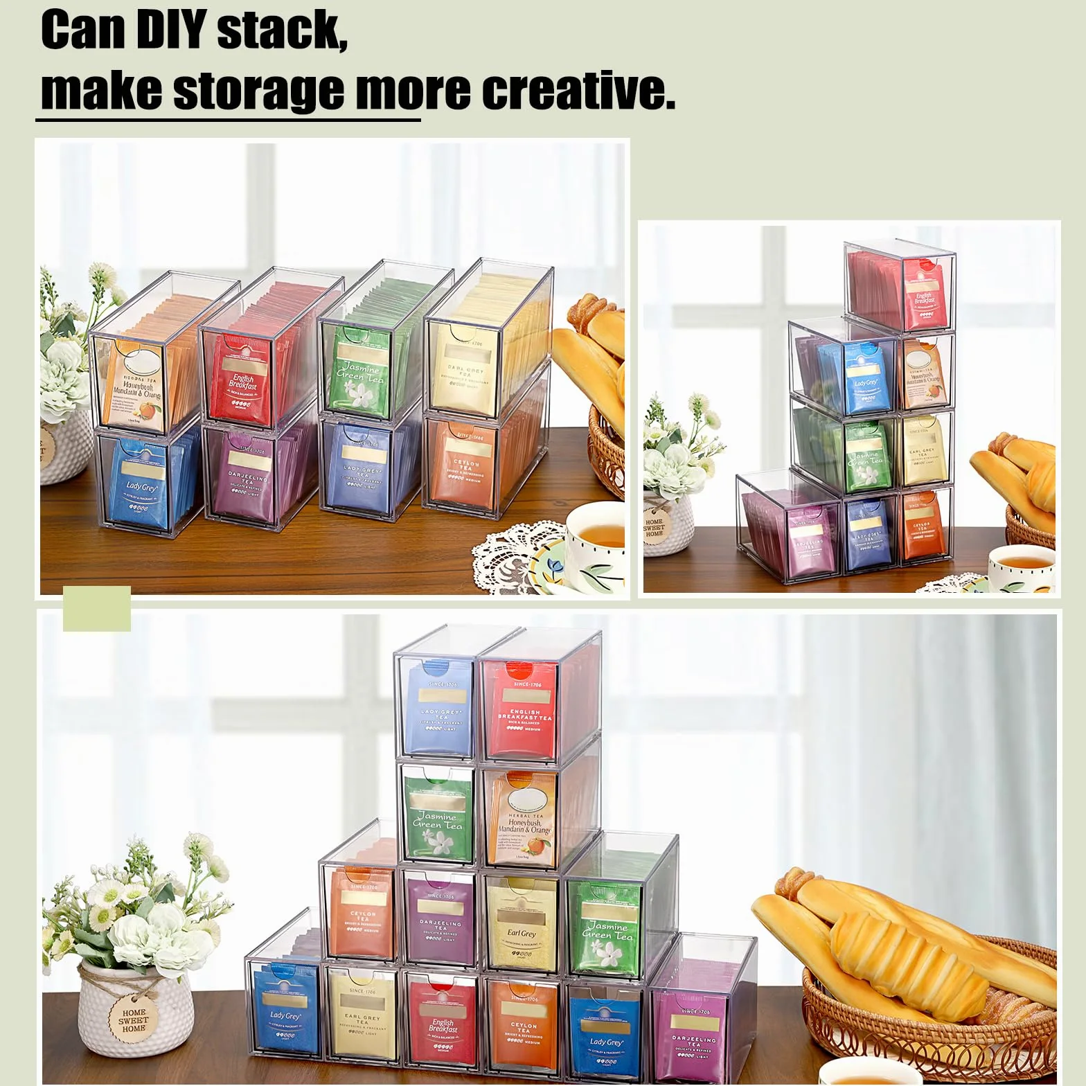 ELLDOO Organiseur de sachets de thé à 8 tiroirs, en acrylique transparent empilable, support de rangement pour sachets de thé de cuisine, garde-manger, rangement pour dosettes de café, collations pour