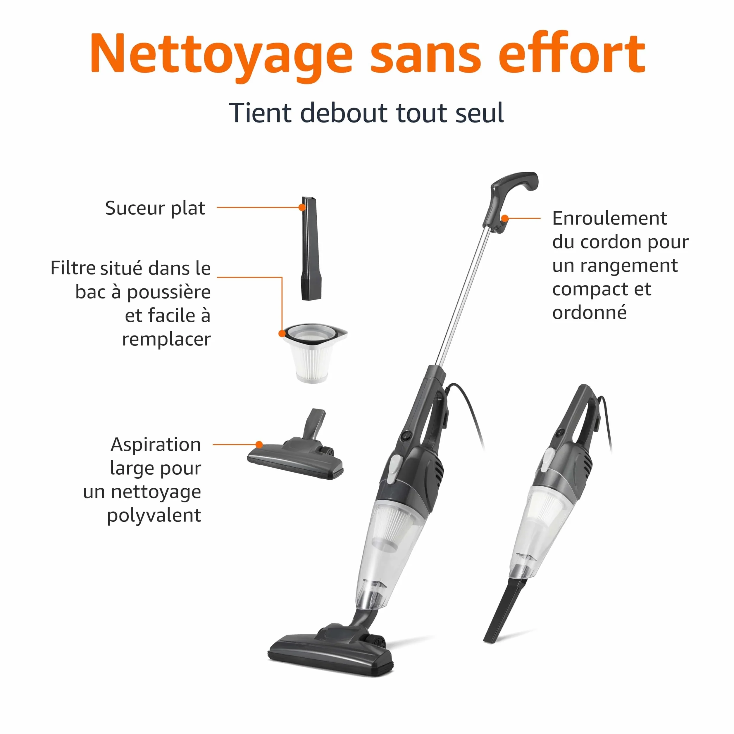 Amazon Basics Aspirateur balai 2 en 1 avec câble, moteur ECO, filtre remplaçable, Noir