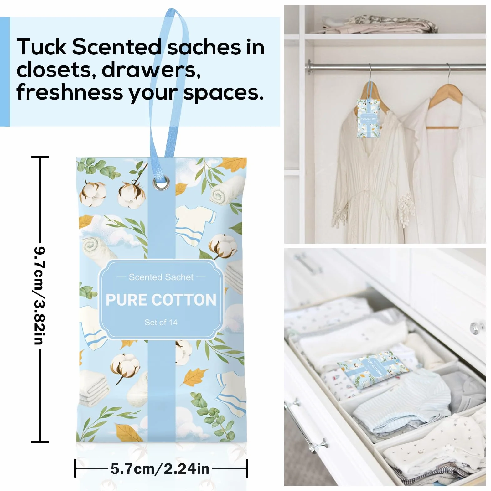 Scentorini Sachets Parfumés Coton Frais 10g x 14 pour Armoires et Tiroirs