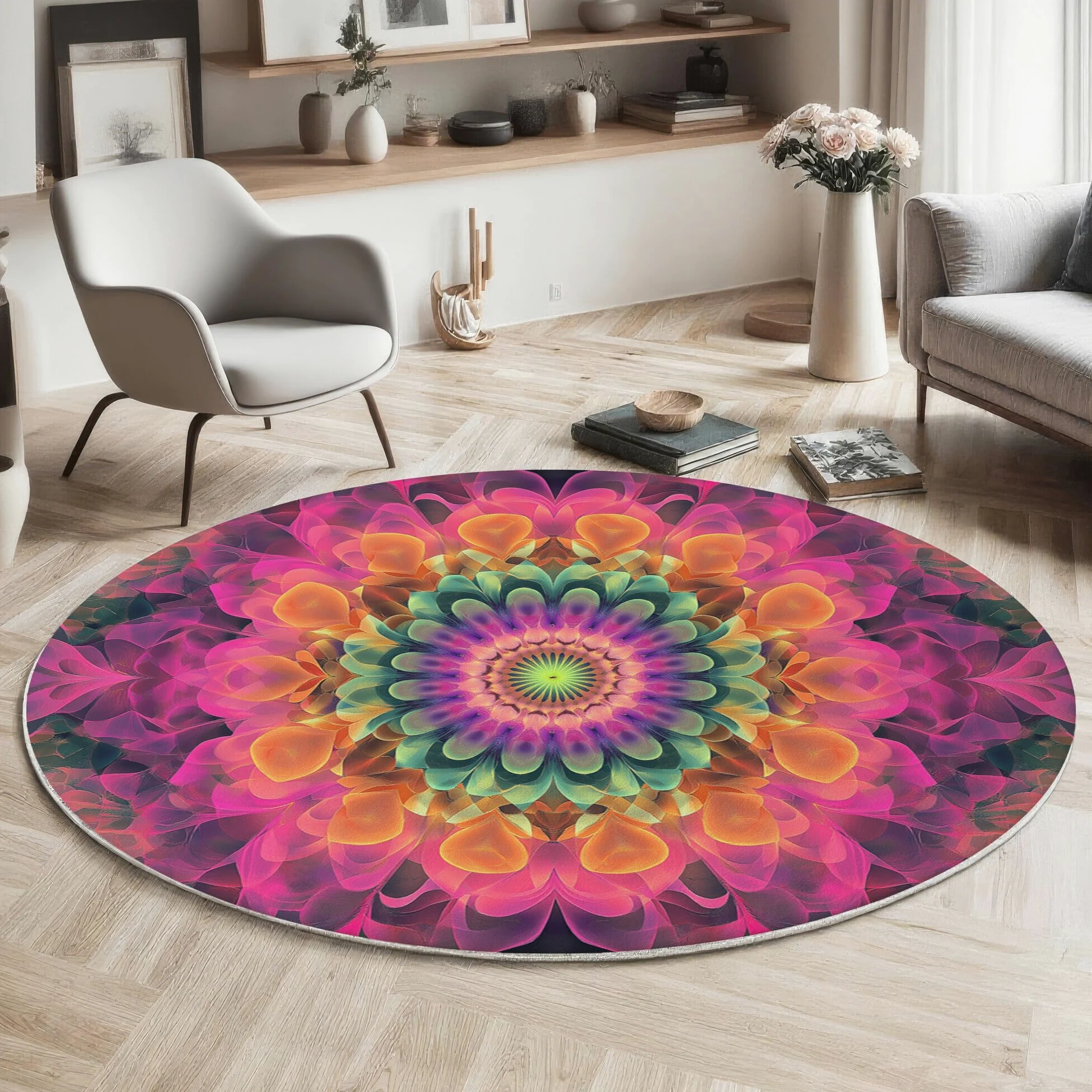 Rond Tapis Salon Rose Moquette 3D Mandala Tourbillonnant Chambre De Décoration Poil Ras Lavable en Machine Paillasson Art Psychédélique Antidérapant Salle A Manger Chambre Adulte,120Cm