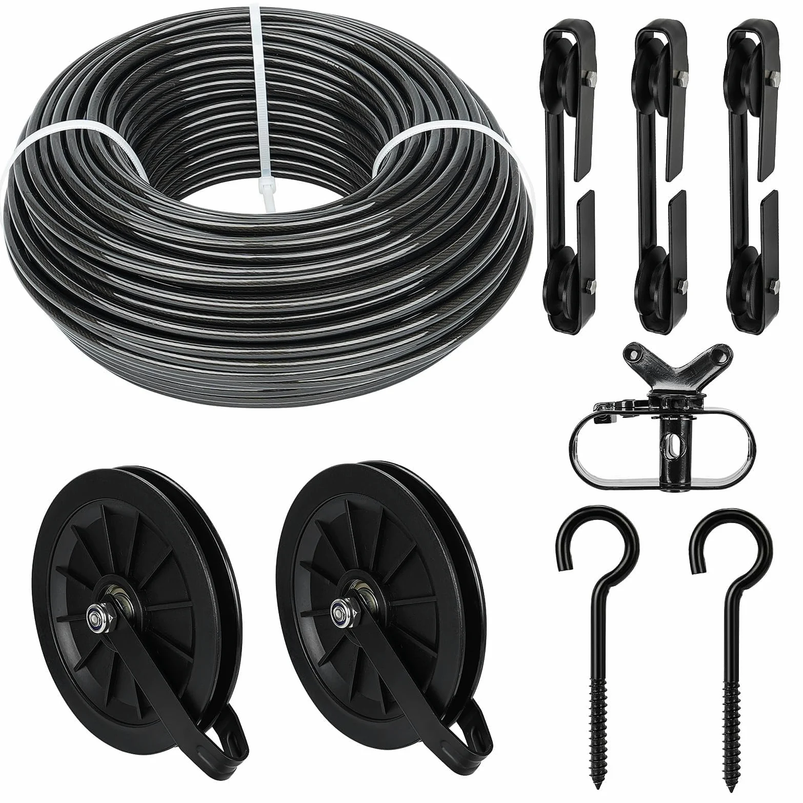Corde à Linge de 45 m, Câble métallique gainé en PVC Noir, avec poulie de renvoi en Nylon, Séparateur, Crochet à vis M8 - Corde à Linge - Résistant aux intempéries - pour extérieur