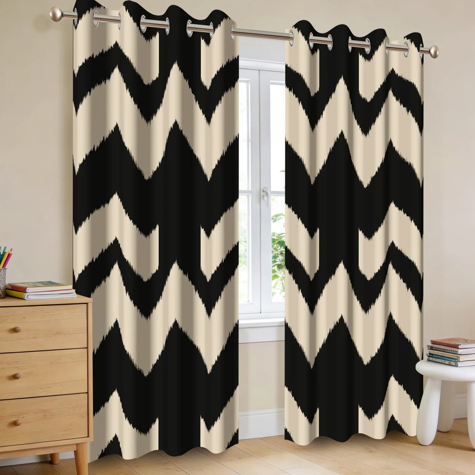 Rideaux occultants imprimés Beige et Noir 140x245cm pour Chambre et Salon, Lot de 2 Panneaux, Motif à Rayures abstraites, Style Moderne et élégant, œillets, Isolation Thermique.