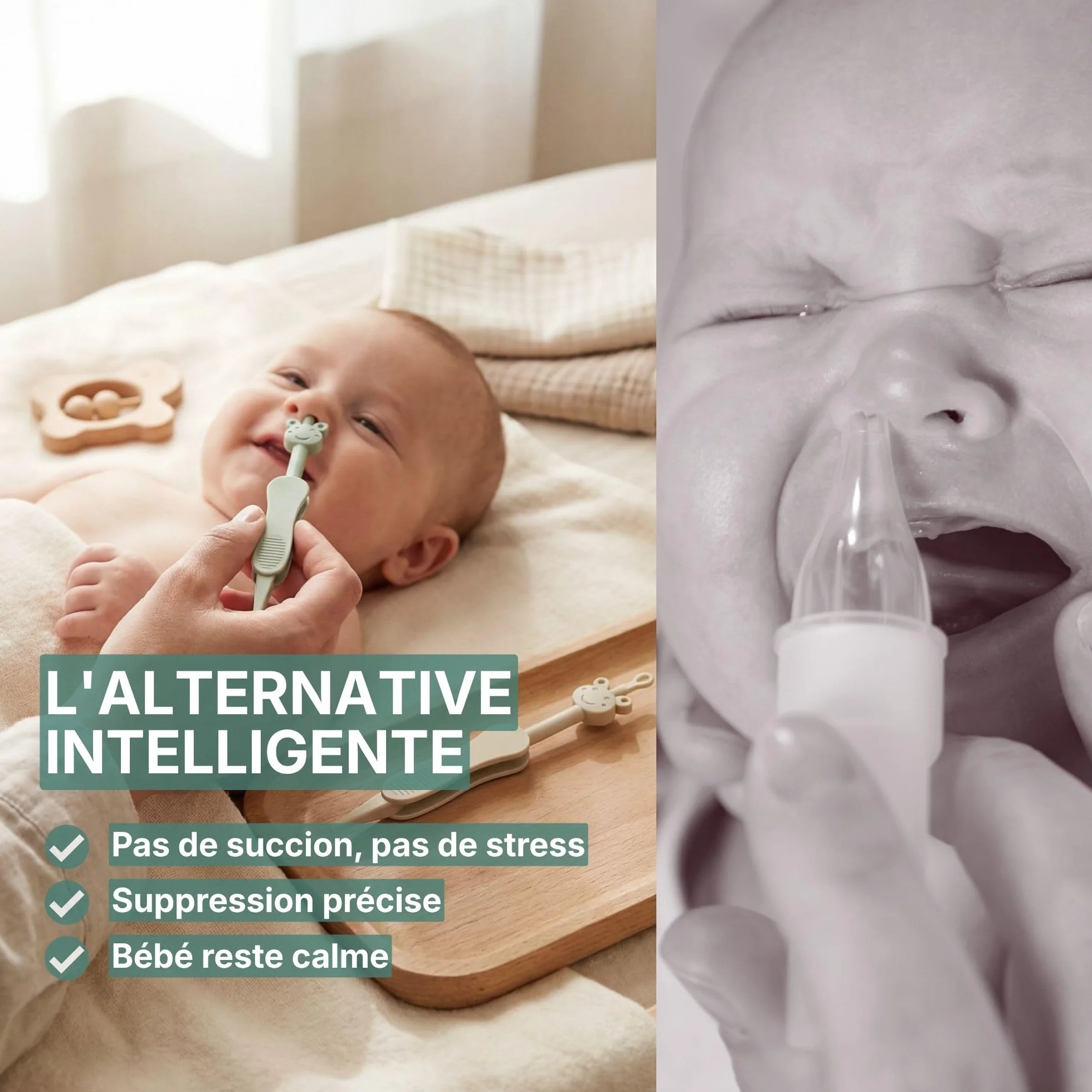 Nettoyeur de nez et d'oreilles bébé 3-en-1 avec pince, sans BPA, Vert/Beige