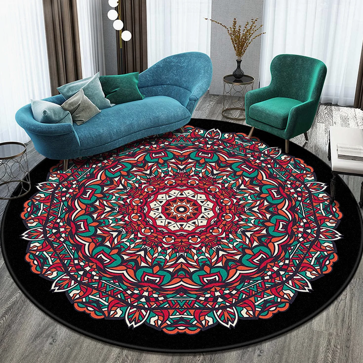 Dhao Tapis Rond Mandala Motif Bohême Moderne pour Salon Chambre à Coucher Cuisine Lavable Grands Antidérapant Tapis Diamètre: 140 cm