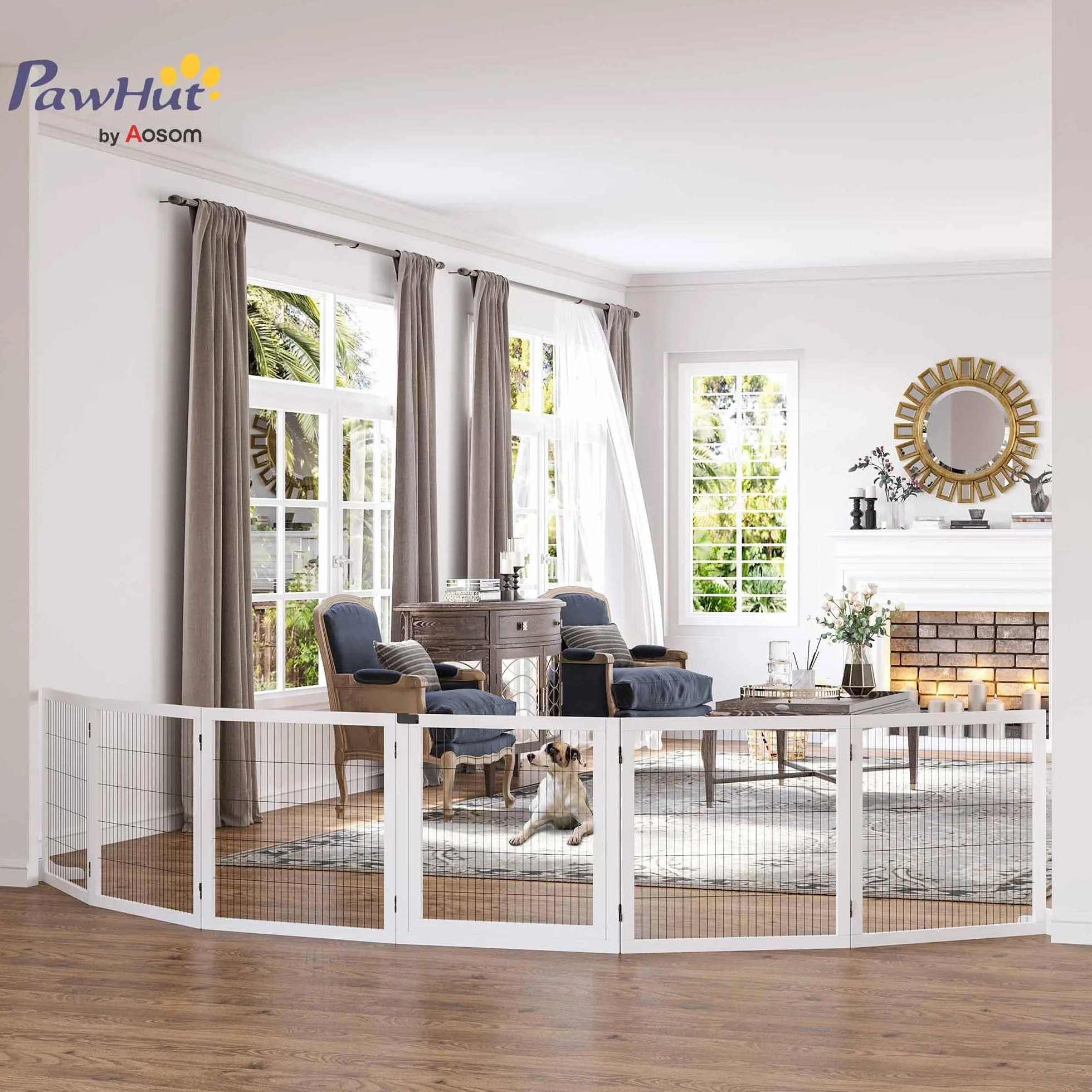 PawHut Barrière de sécurité Chien autoportante modulable Pliable 6 Panneaux Bois de pin 432 x 36 x 70 cm Blanc