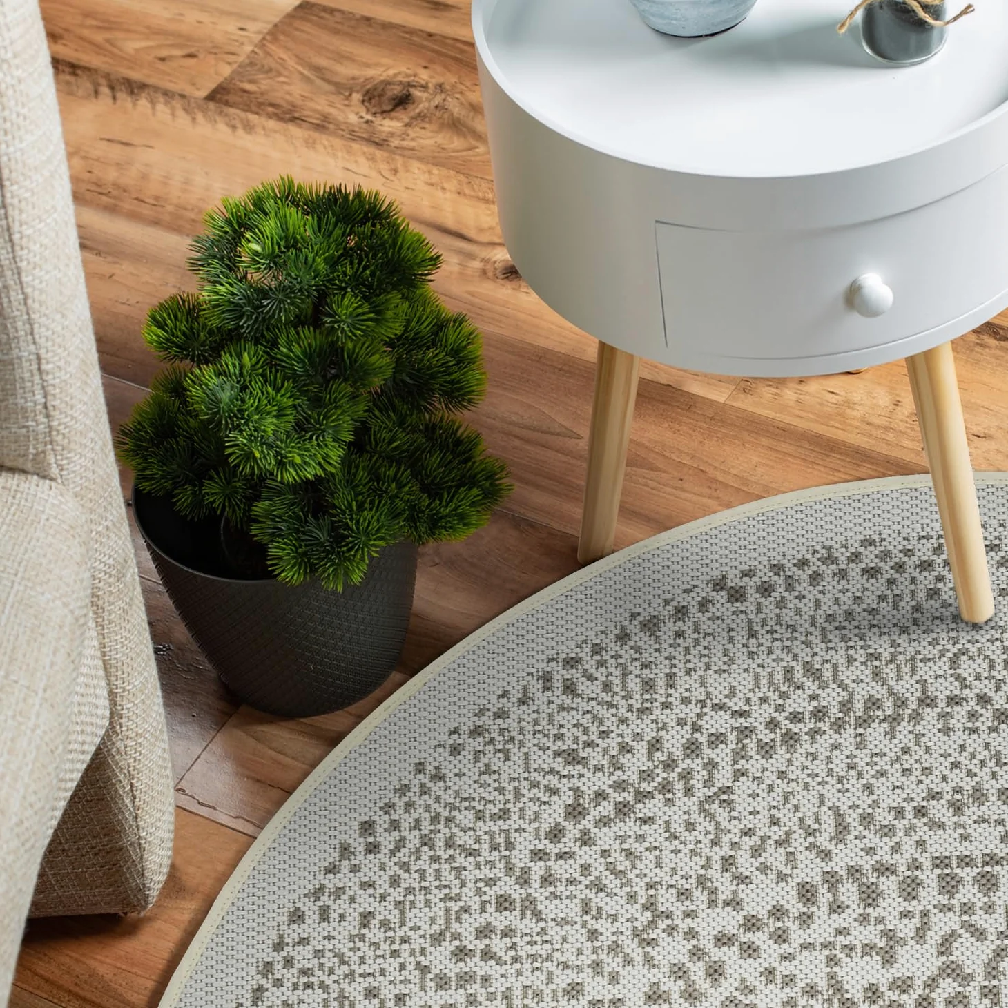 DomDeco Intérieur/extérieur Tapis rond Finn dans un style moderne – Robuste et facile d'entretien pour le salon, le couloir, la terrasse, le balcon, en fibres synthétiques, Ø 120 cm, crème/vert olive