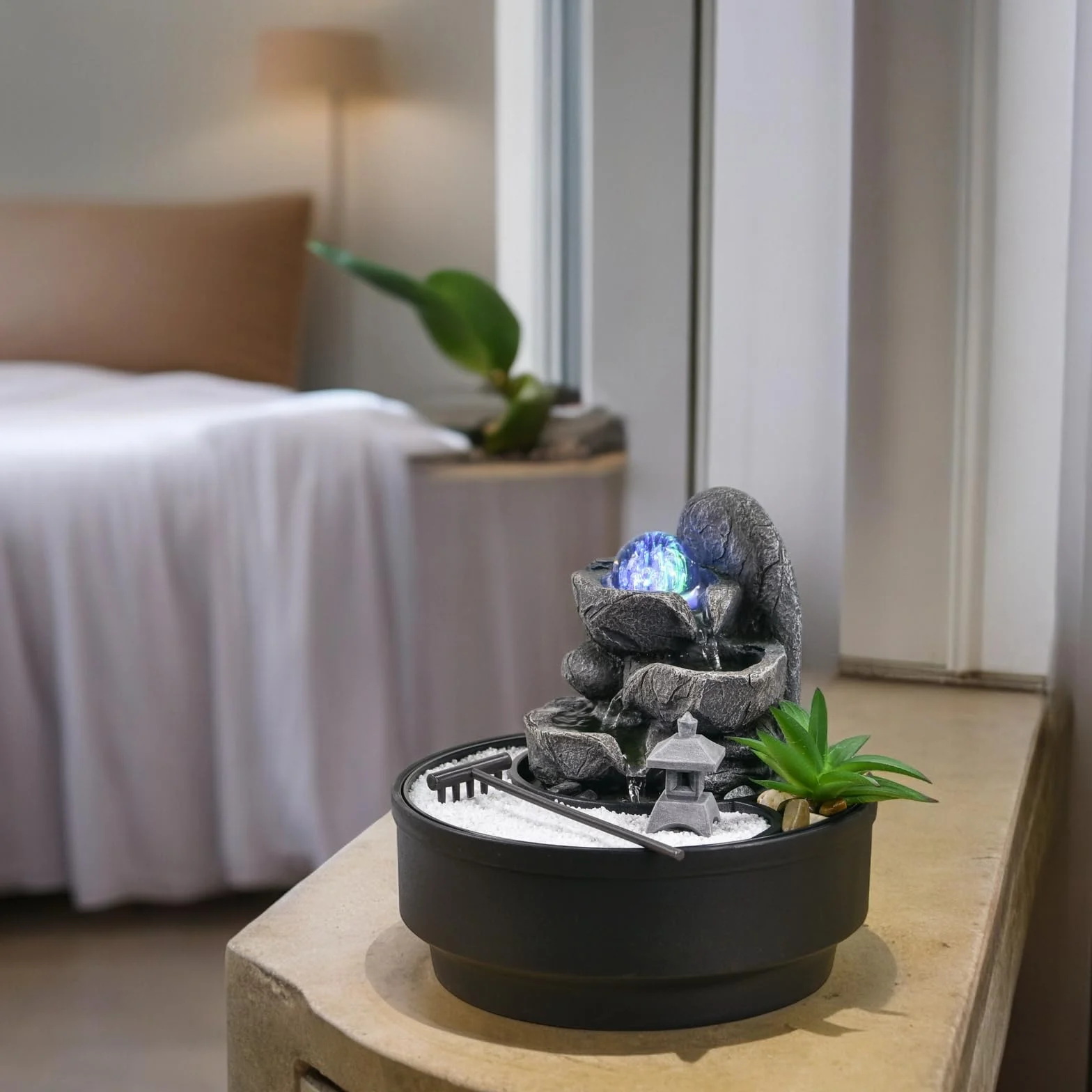 Fontaine d'Intérieur Jardin Zen, Boule de Verre Lumineuse LED Coloré, Circuit Fermé H21 cm
