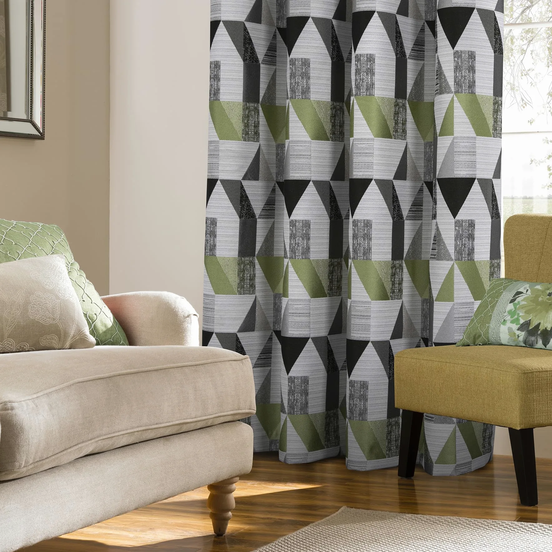 always4u Rideau Occultant à Motifs Géométrique en Faux Lin, Double Rideaux Isolation Thermique à Oeillets pour Salon et Chambre, Moderne, Vert 140x245cm Lot de 2