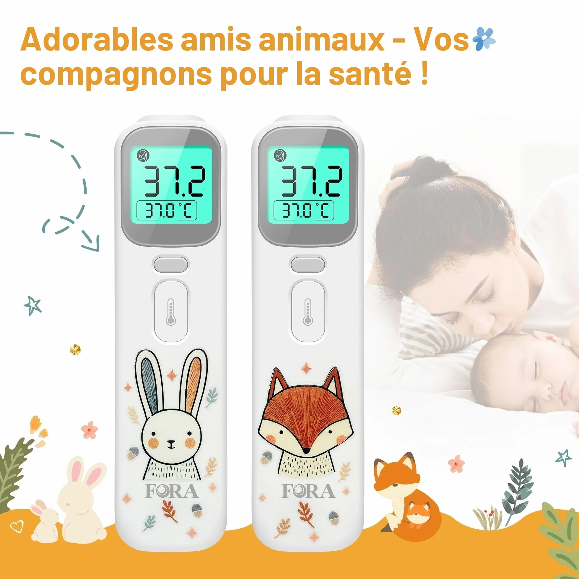 FORA Thermomètre Auriculaire et Frontal Digital avec Indicateur de Fièvre, Mode Silencieux, Mémoire, Affichage 4 Couleurs