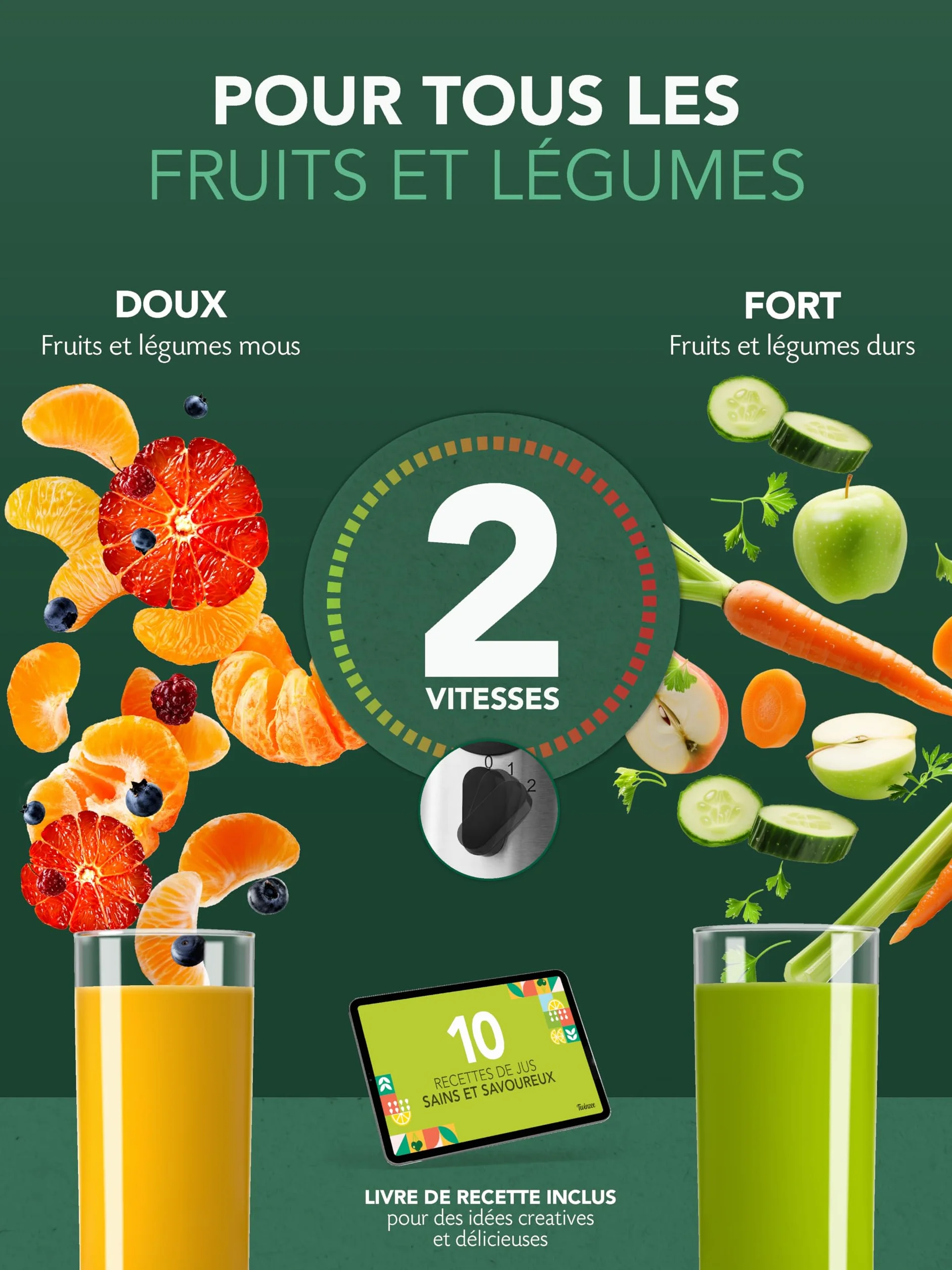 Twinzee Extracteur de Jus Fruits Légumes 850W Centrifugeuse Goulot 75 mm 2 Vitesses