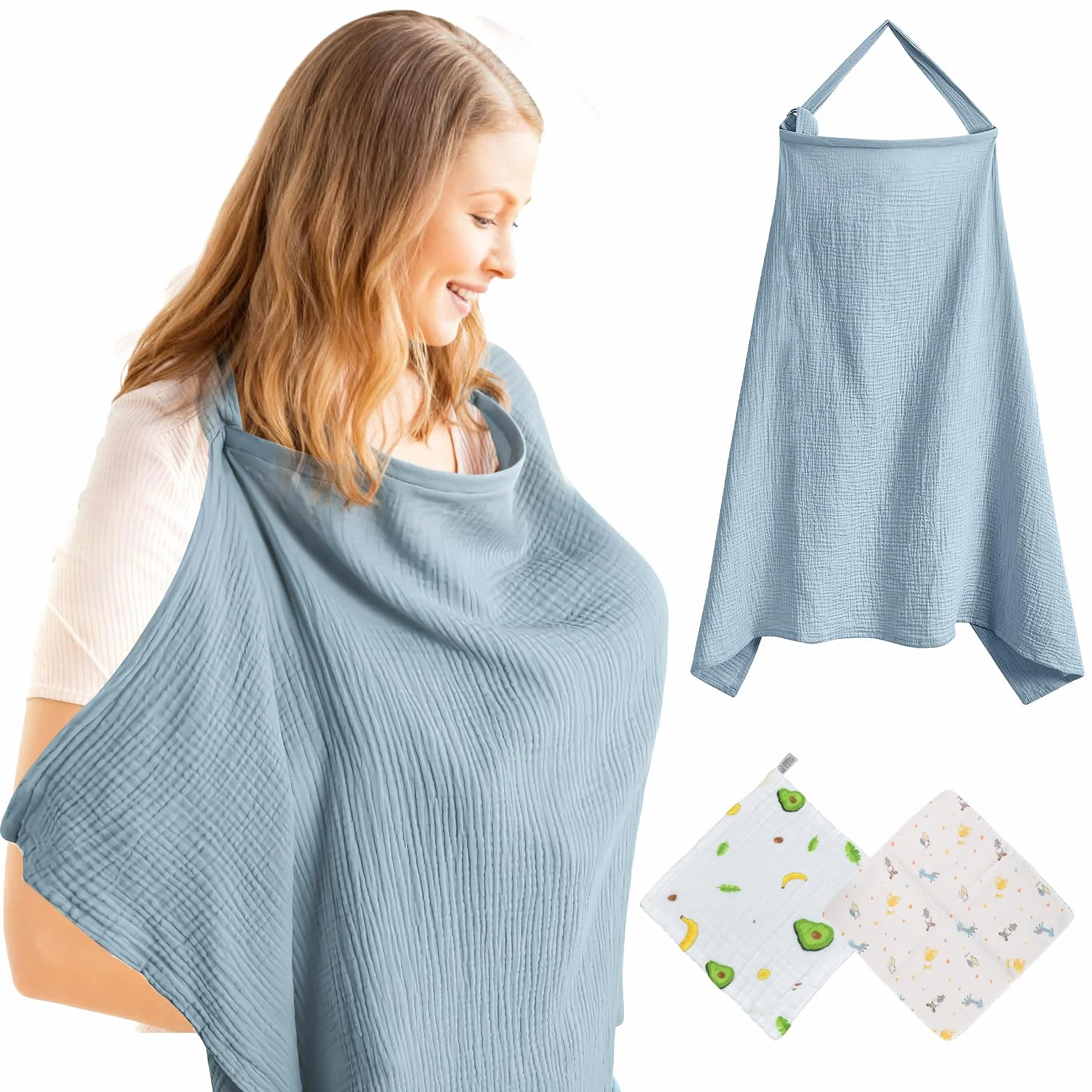 Tablier Allaitement Bébé Couverture Respirante Coton Doux 71x95 cm Écharpe Ajustable Mamans 4 Couches Bavoirs Mousseline 2 Couches Coton Doux bleu clair
