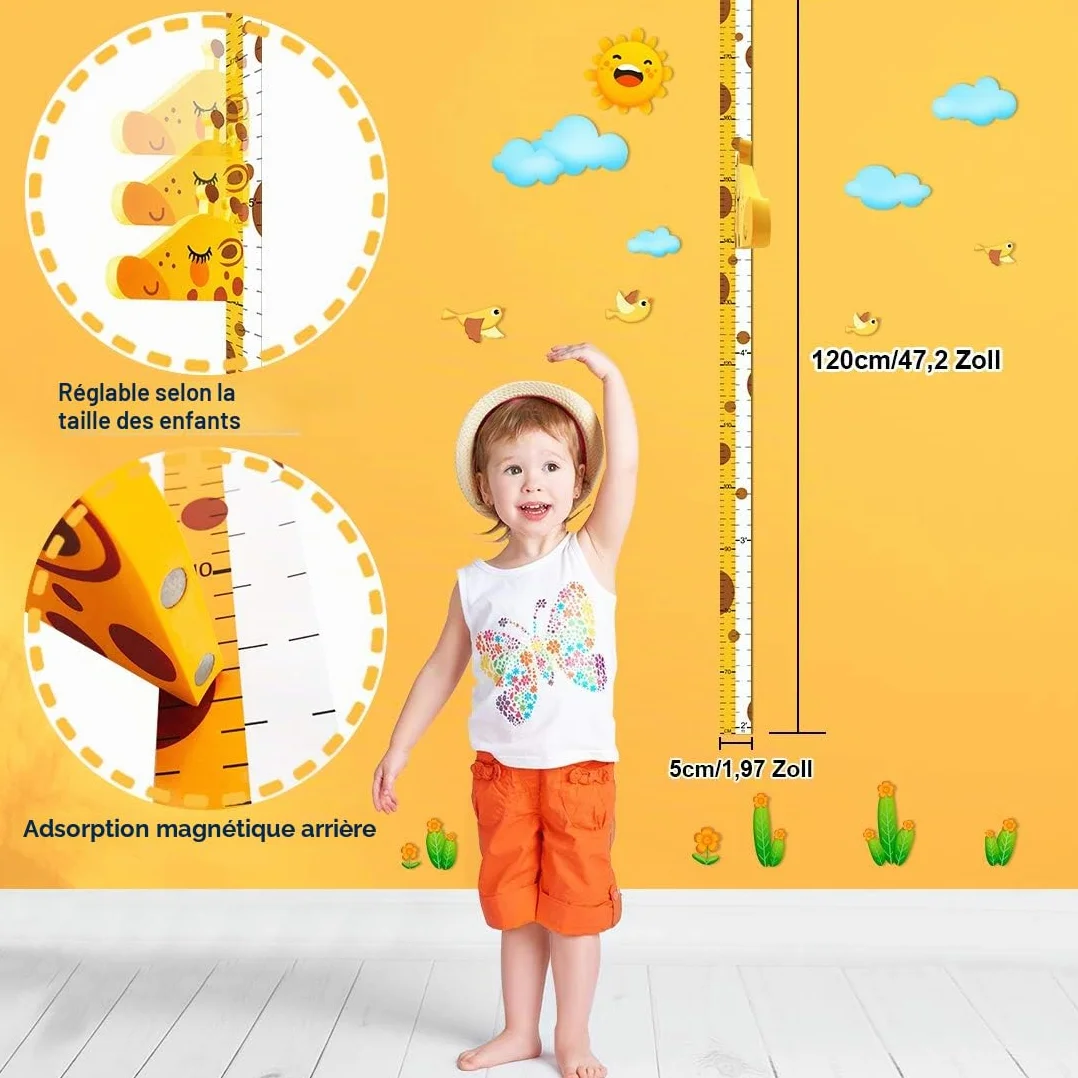 Tableau de Croissance Règle de Hauteur Girafe Toise 3D Support Ecriture Taille Appuie-Tête Amovible EVA Stickers Muraux Chambre d'Enfants
